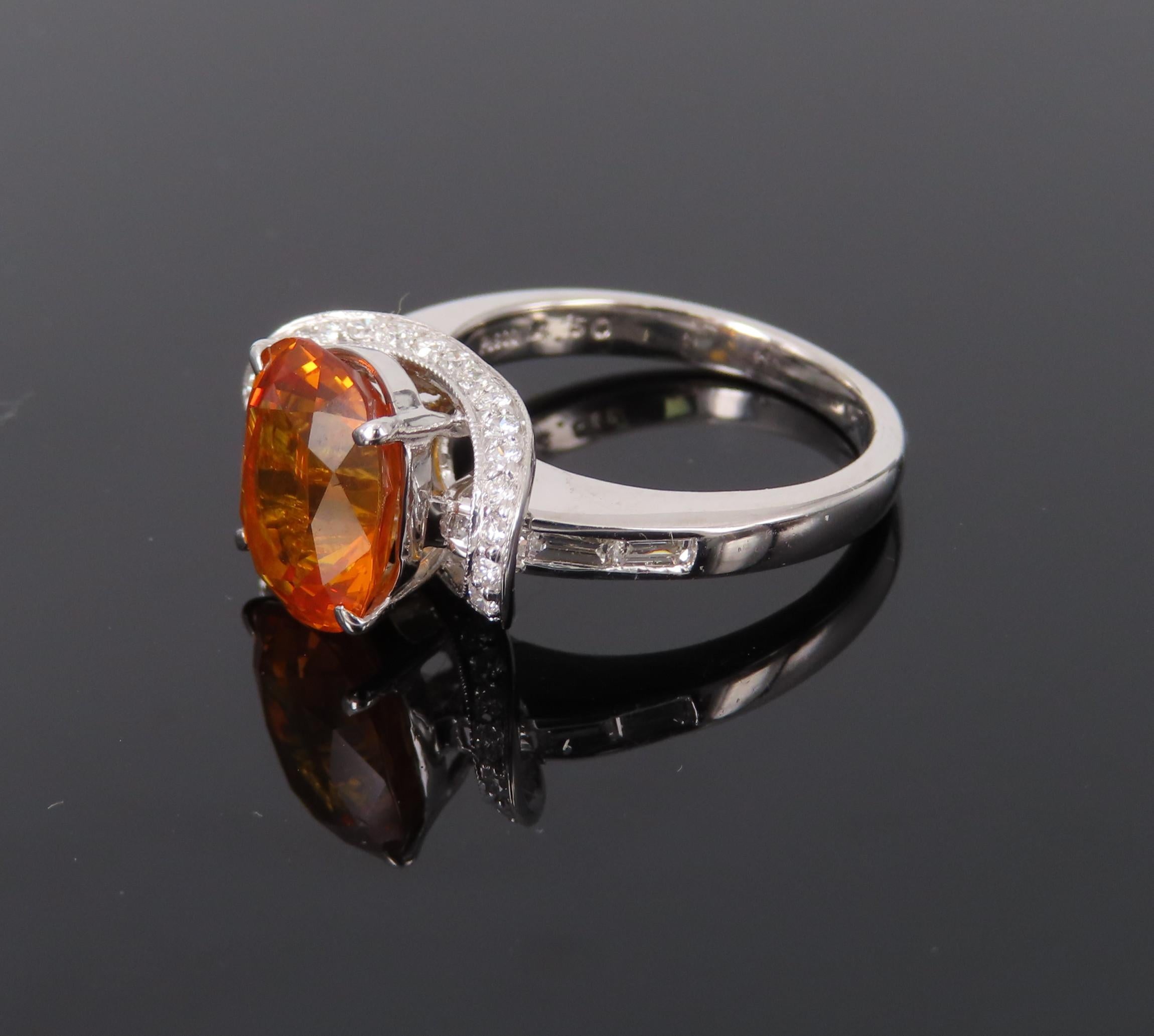 4.49ct GIA Vivid Orange Sapphire & 0.51ct Diamond Platinum Ring Size 6.5 8.1gr