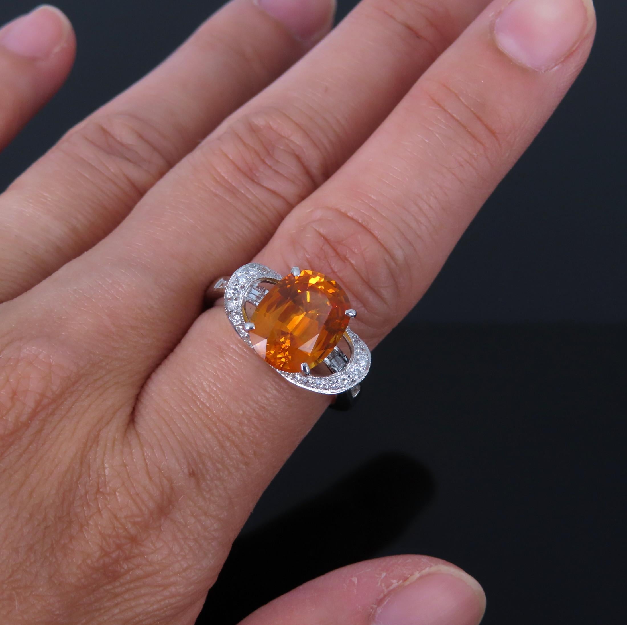 4.49ct GIA Vivid Orange Sapphire & 0.51ct Diamond Platinum Ring Size 6.5 8.1gr