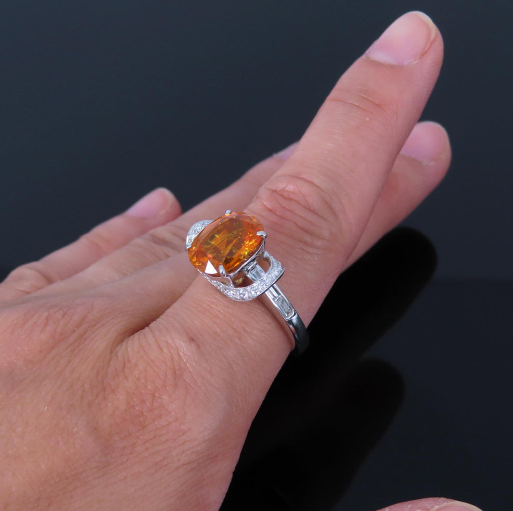 4.49ct GIA Vivid Orange Sapphire & 0.51ct Diamond Platinum Ring Size 6.5 8.1gr
