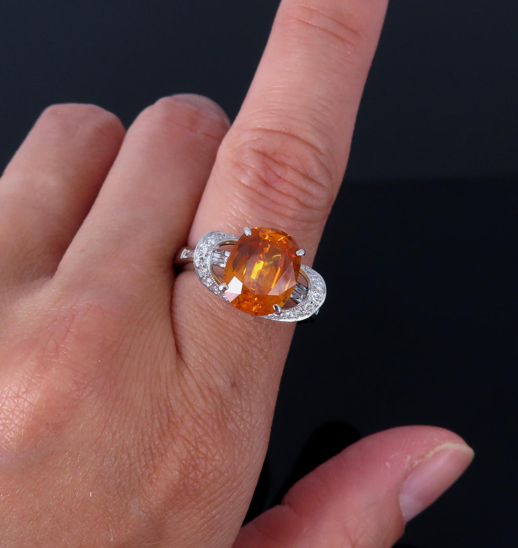 4.49ct GIA Vivid Orange Sapphire & 0.51ct Diamond Platinum Ring Size 6.5 8.1gr