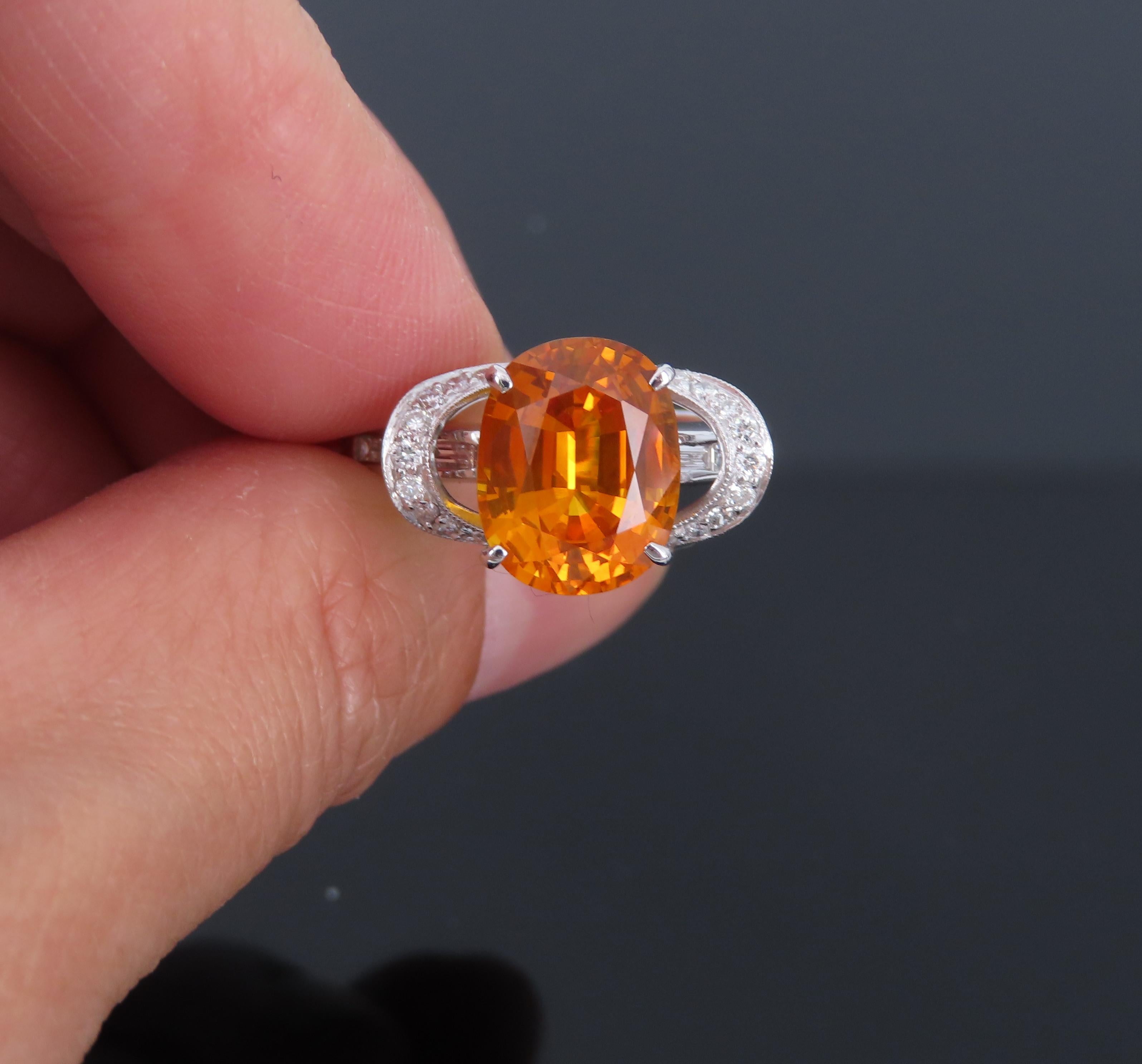 4.49ct GIA Vivid Orange Sapphire & 0.51ct Diamond Platinum Ring Size 6.5 8.1gr