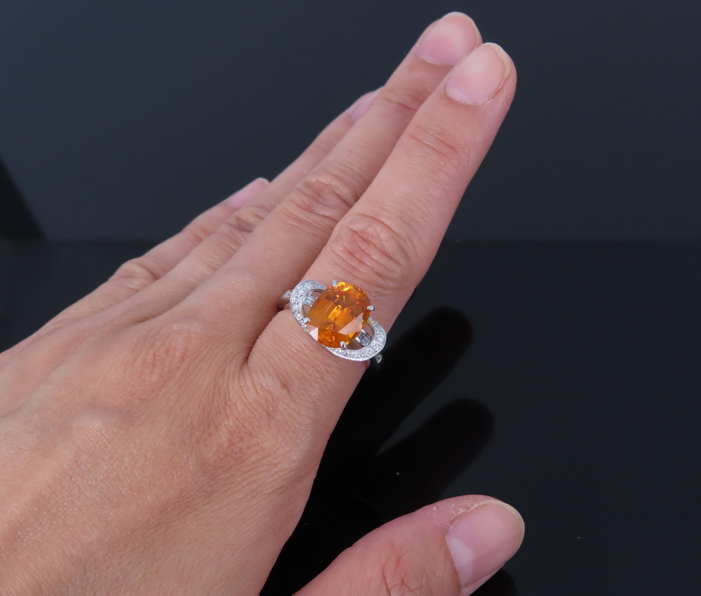 4.49ct GIA Vivid Orange Sapphire & 0.51ct Diamond Platinum Ring Size 6.5 8.1gr