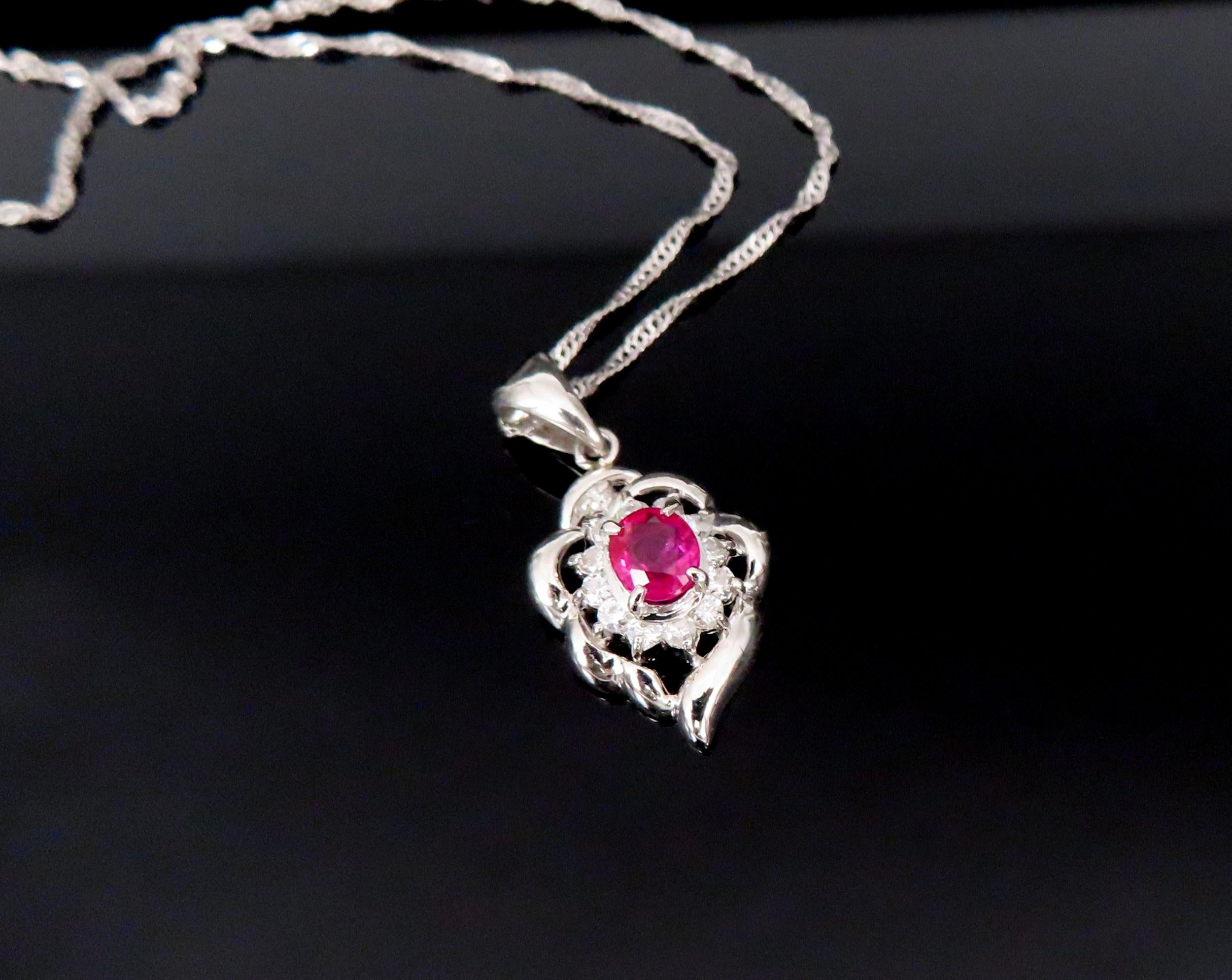 Vintage 0.37ct Intense Red Ruby & 0.15ct Diamond Platinum Necklace