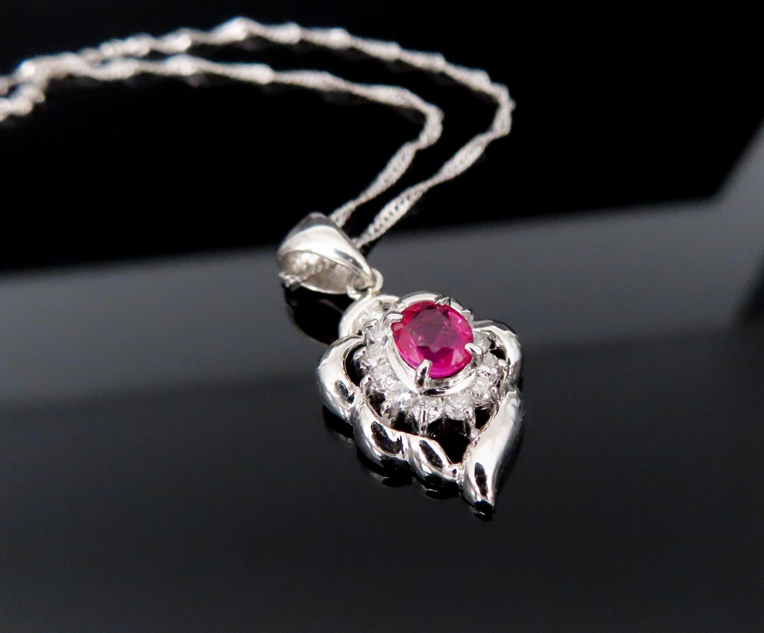 Vintage 0.37ct Intense Red Ruby & 0.15ct Diamond Platinum Necklace