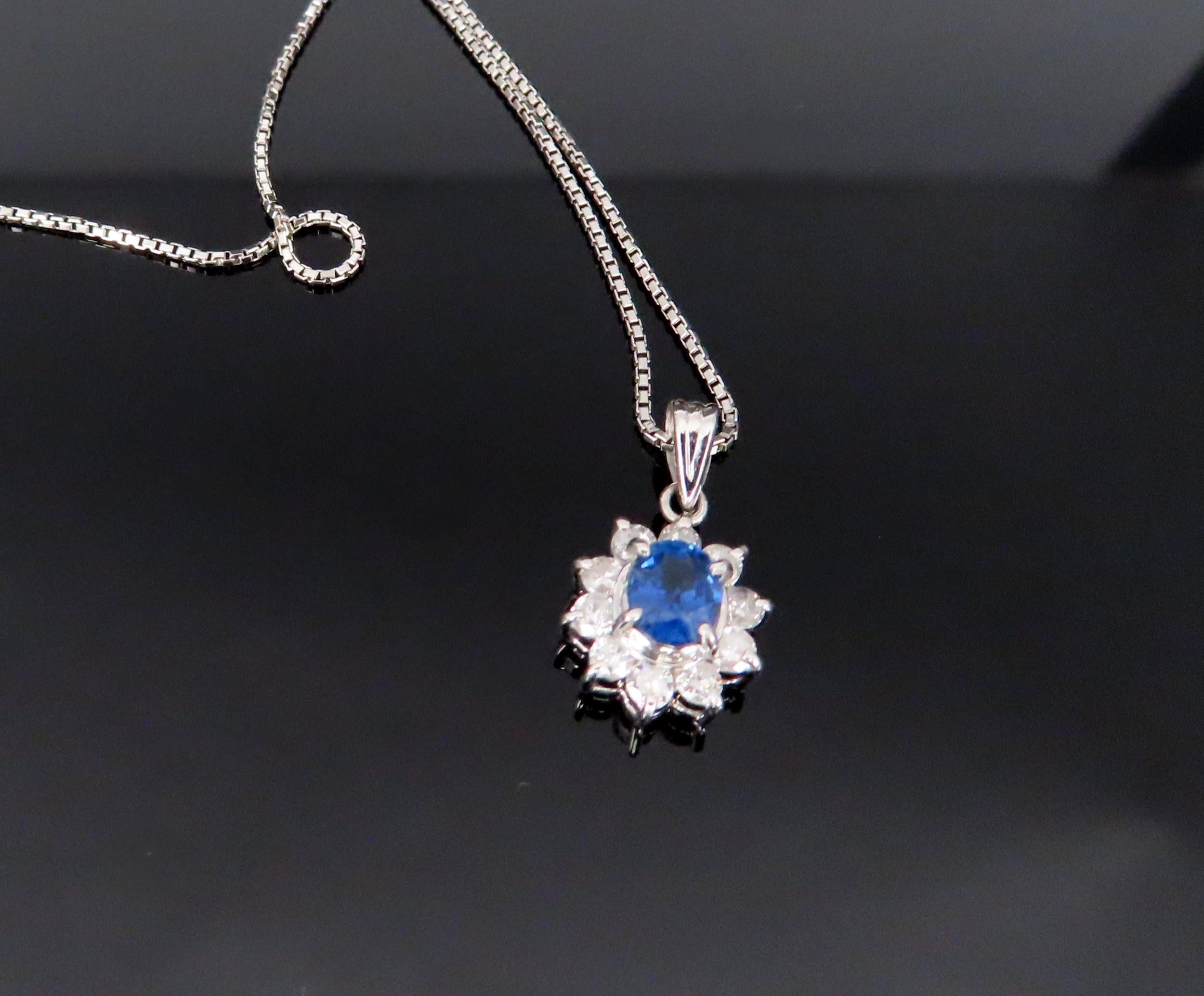 Vintage 0.40ct Royal Blue Sapphire 0.30ct Diamond Halo Platinum Necklace