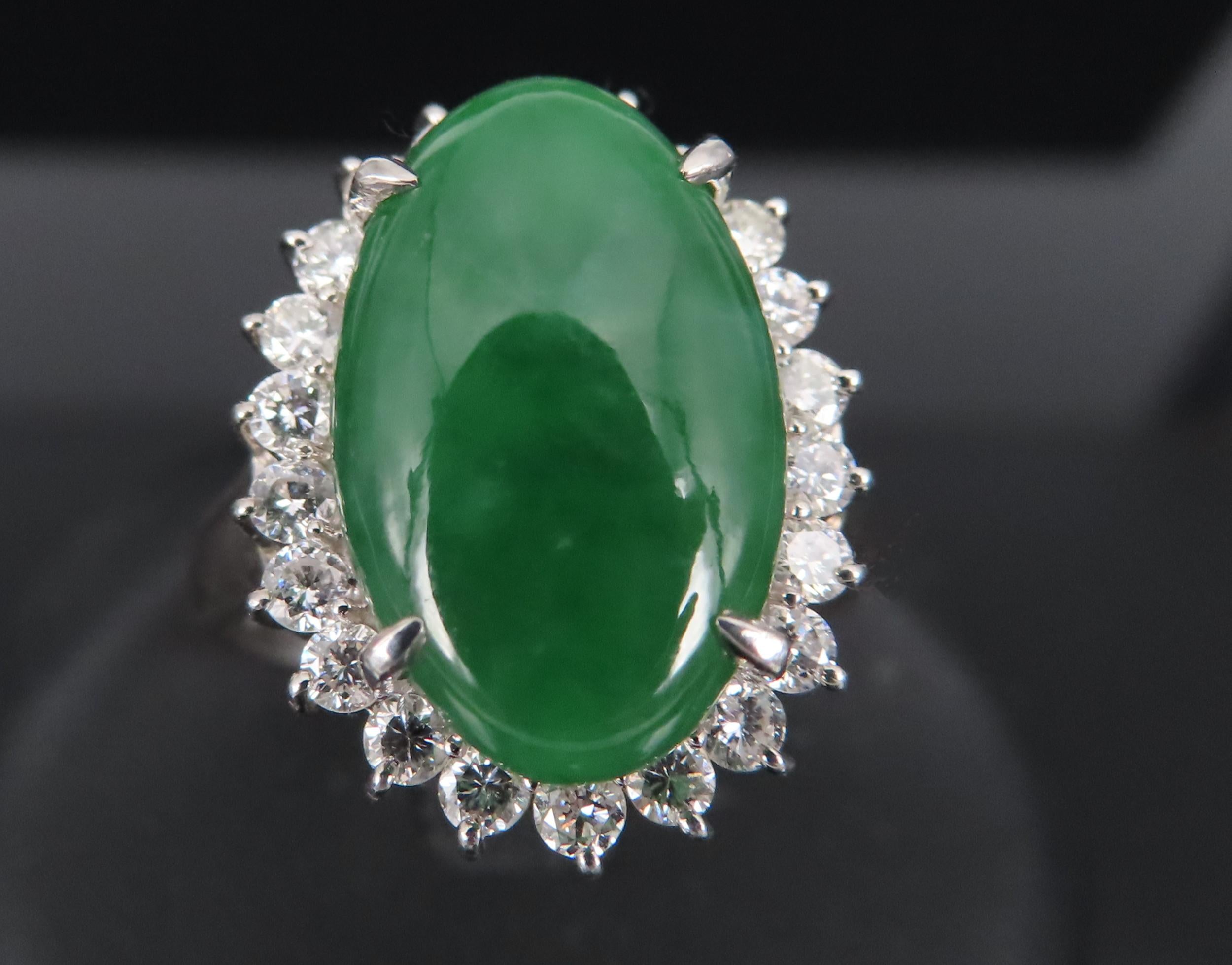 5.95ct Natural Green Jadeite Jade 0.75ct Diamond Platinum Ring Size 8.5