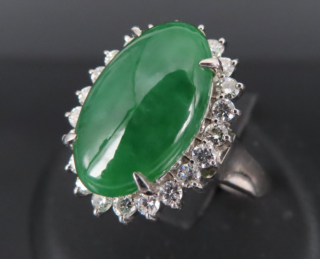 5.95ct Natural Green Jadeite Jade 0.75ct Diamond Platinum Ring Size 8.5
