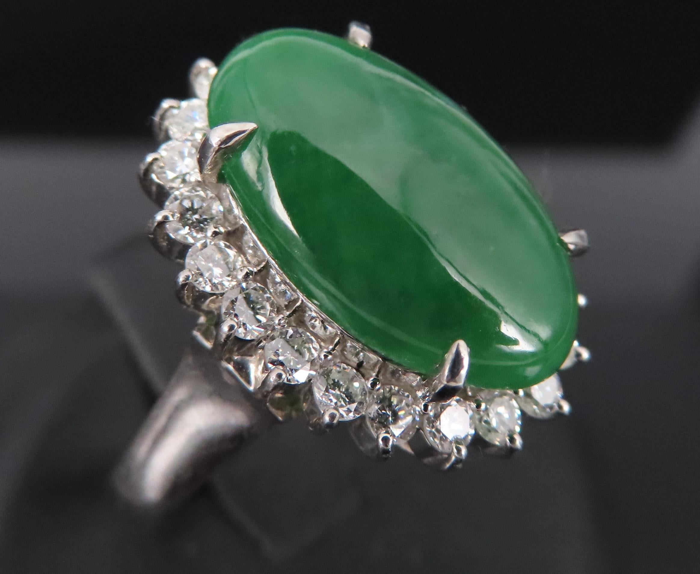 5.95ct Natural Green Jadeite Jade 0.75ct Diamond Platinum Ring Size 8.5