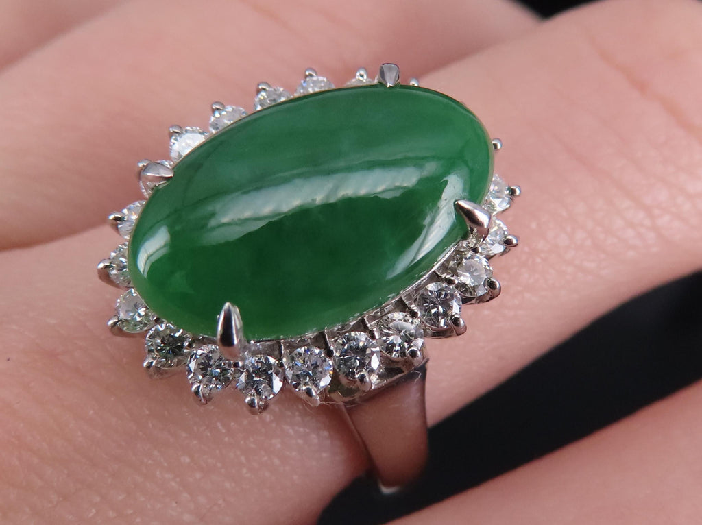 5.95ct Natural Green Jadeite Jade 0.75ct Diamond Platinum Ring Size 8.5