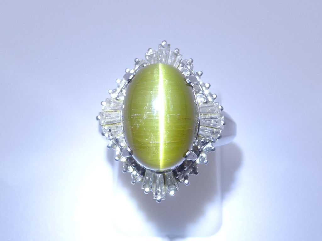 Vintage 8.54ct Cat's Eye Tourmaline  & 1.08ct Diamond Platinum Ring, Size 6