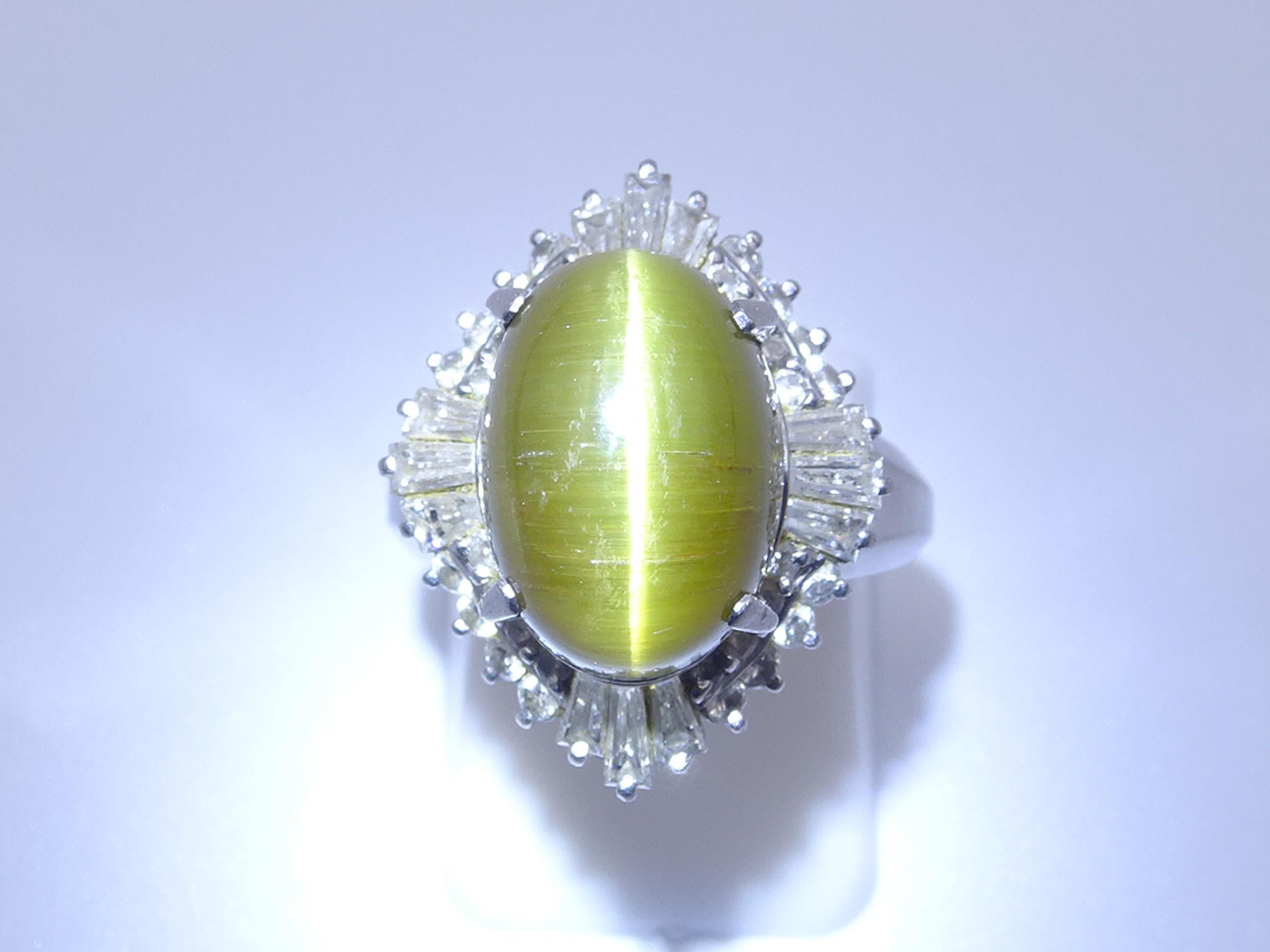 Vintage 8.54ct Cat's Eye Tourmaline  & 1.08ct Diamond Platinum Ring, Size 6