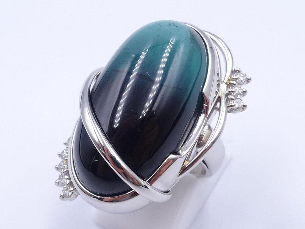 38.45ct Bi-Color Indicolite Tourmaline 0.28ct Diamond Platinum Ring Size 6.5
