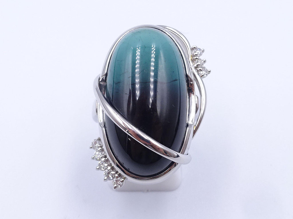 38.45ct Bi-Color Indicolite Tourmaline 0.28ct Diamond Platinum Ring Size 6.5