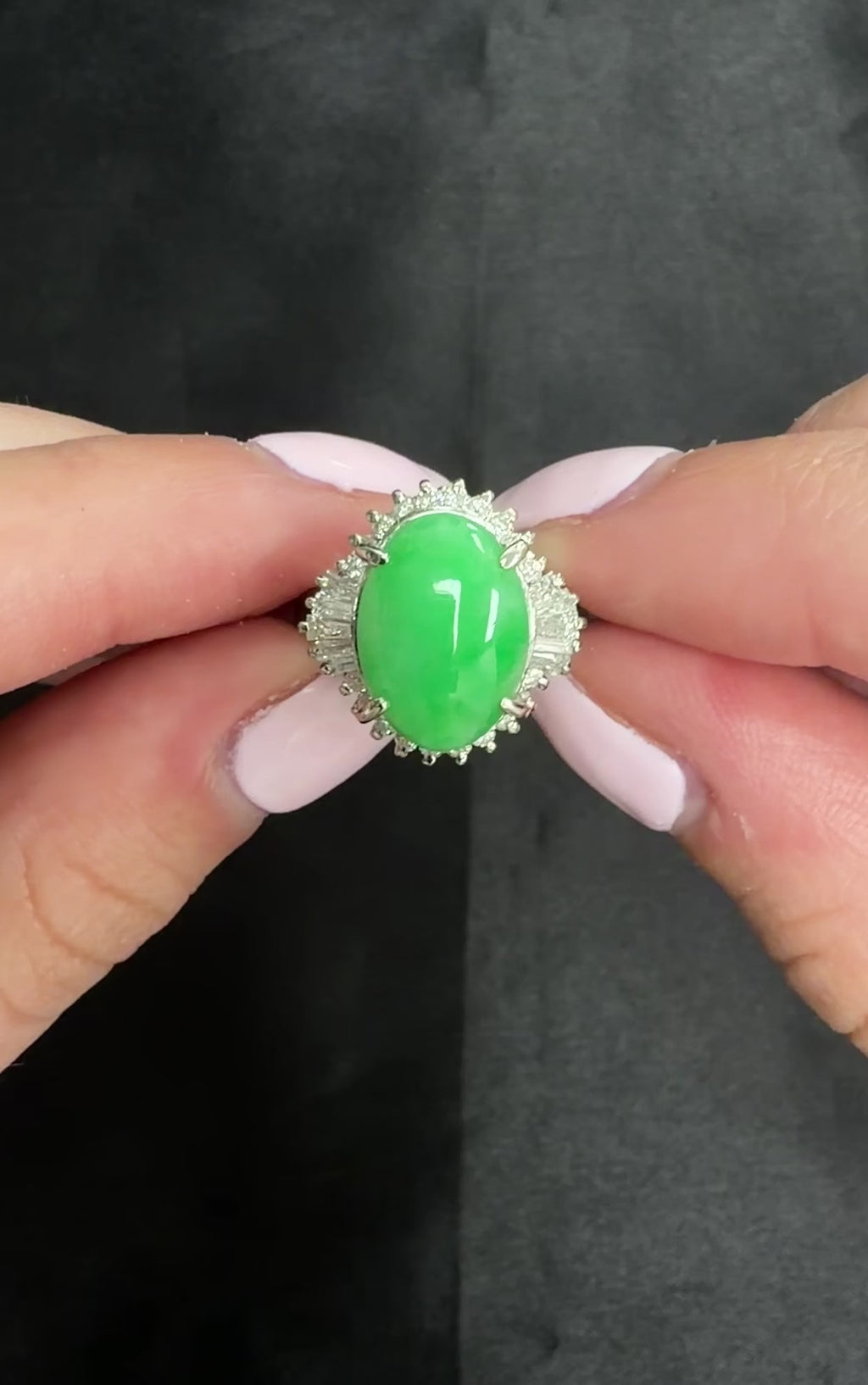 5.22ct Natural Apple Green Jadeite Jade & 0.68ct Diamond Platinum Ring Size 8.75