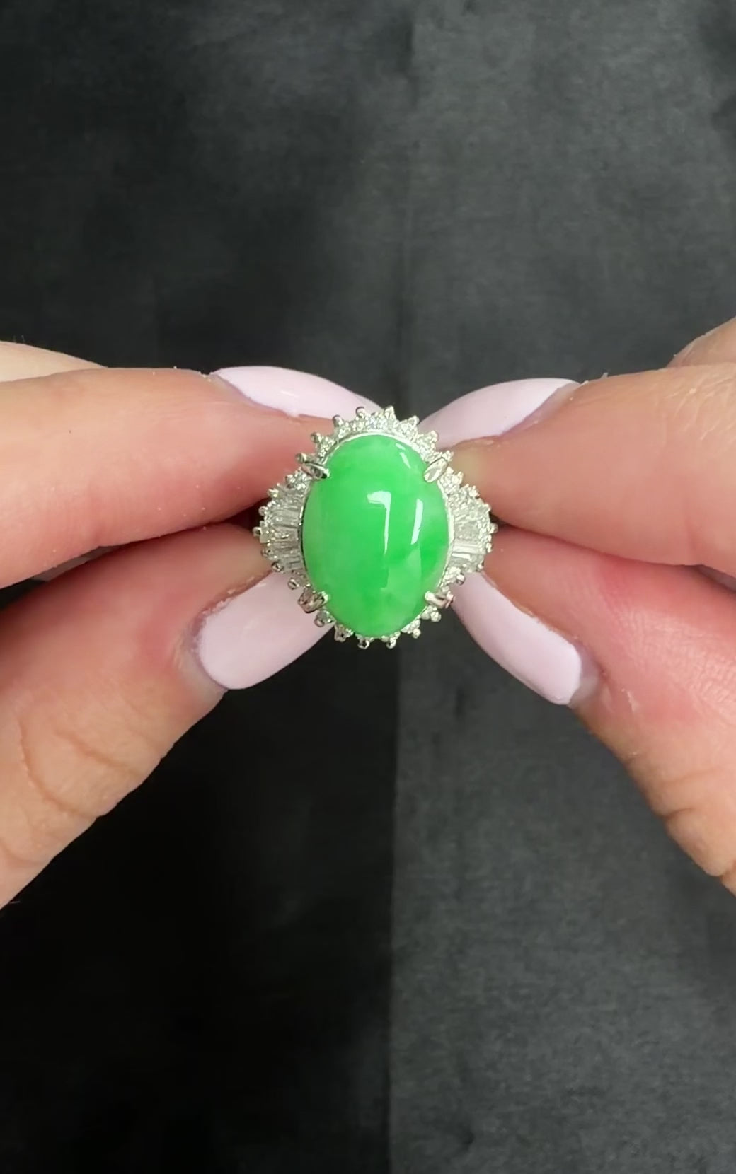 5.22ct Natural Apple Green Jadeite Jade & 0.68ct Diamond Platinum Ring Size 8.75