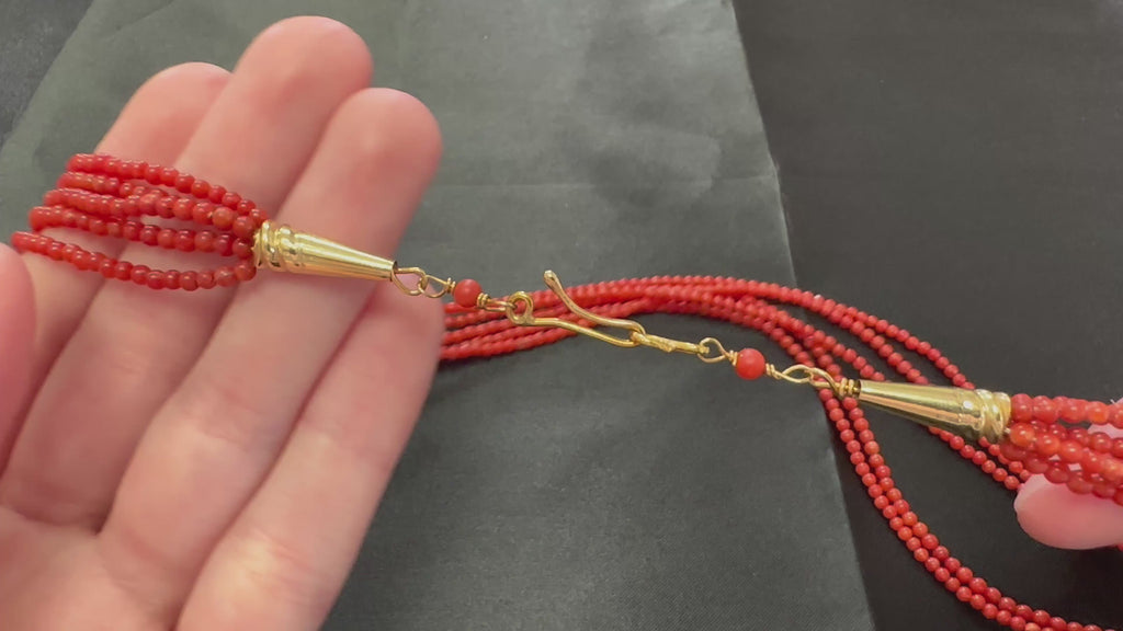Natural Untreated Ox Blood Coral 2.5-2.9mm 5 layer 18K Yellow Gold 19" Necklace