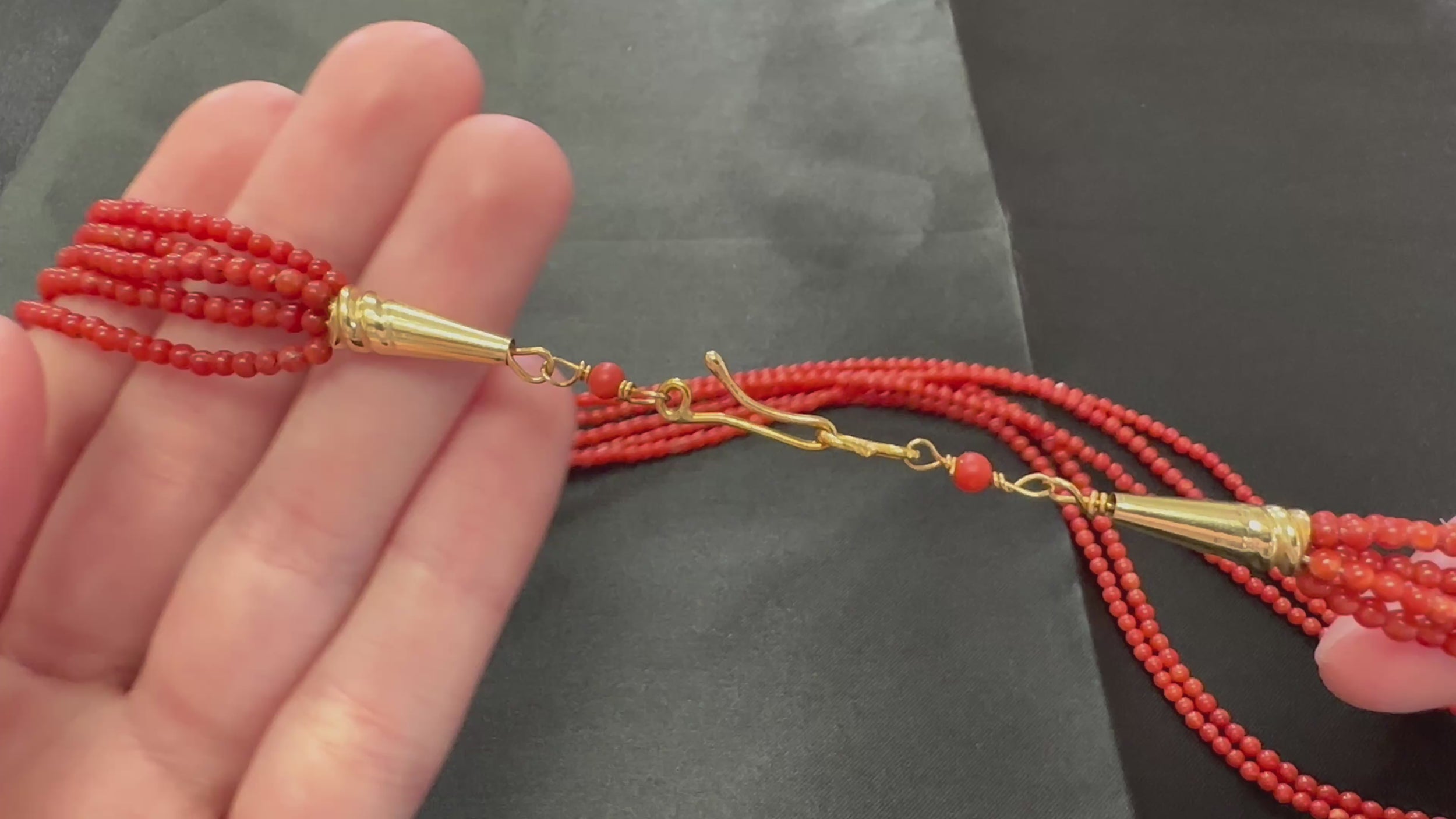 Natural Untreated Ox Blood Coral 2.5-2.9mm 5 layer 18K Yellow Gold 19" Necklace
