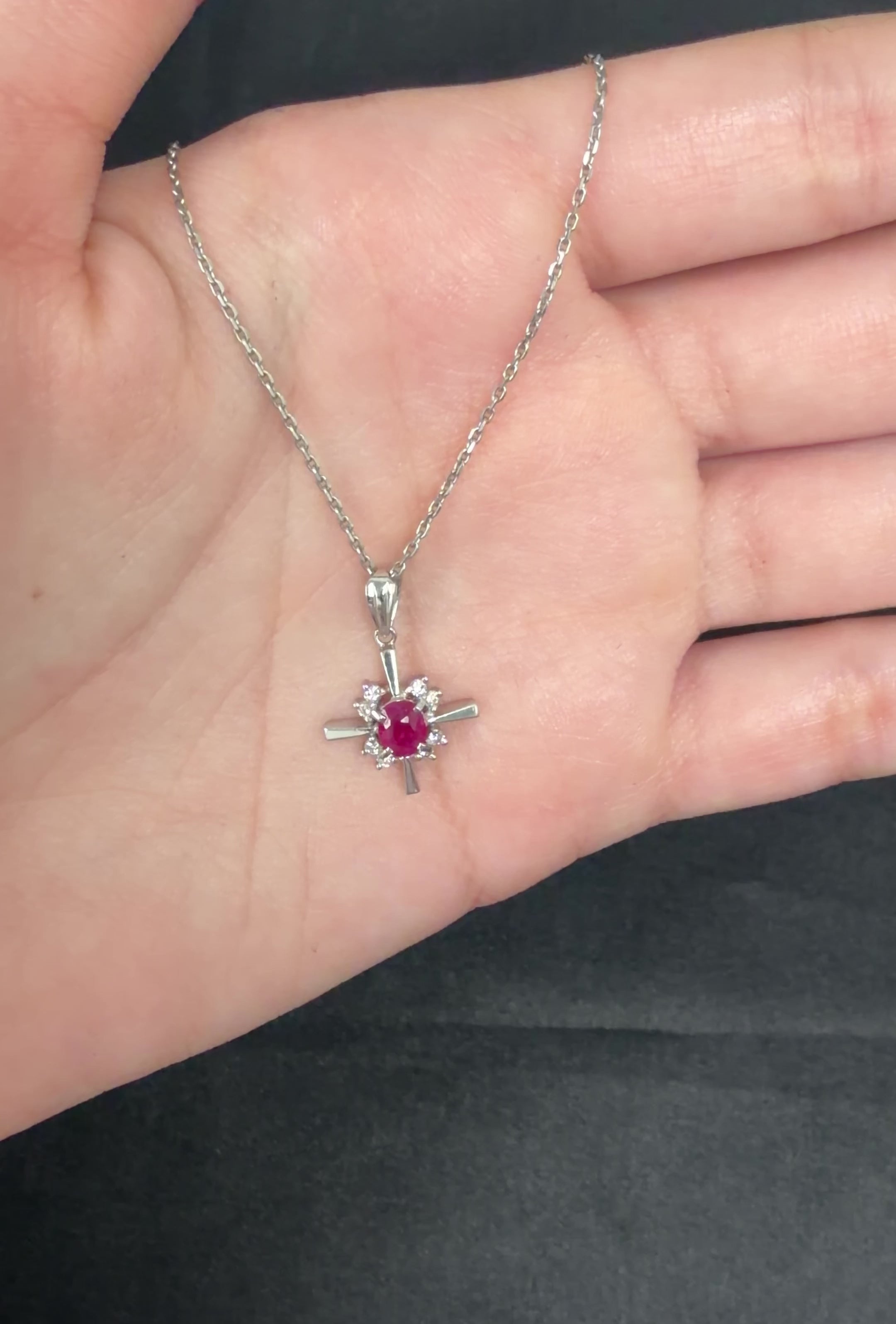 Fine 0.35ct Intense Red Ruby & 0.16ct Diamond Platinum Cross Necklace