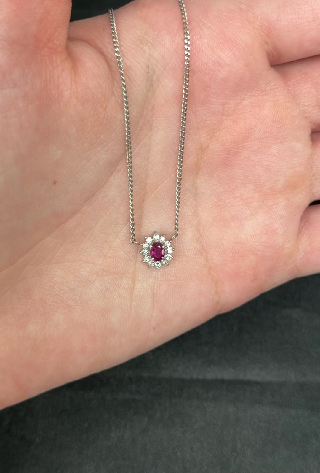 Fine 0.36ct Intense Red Ruby & 0.15ct Diamond Platinum Halo Necklace