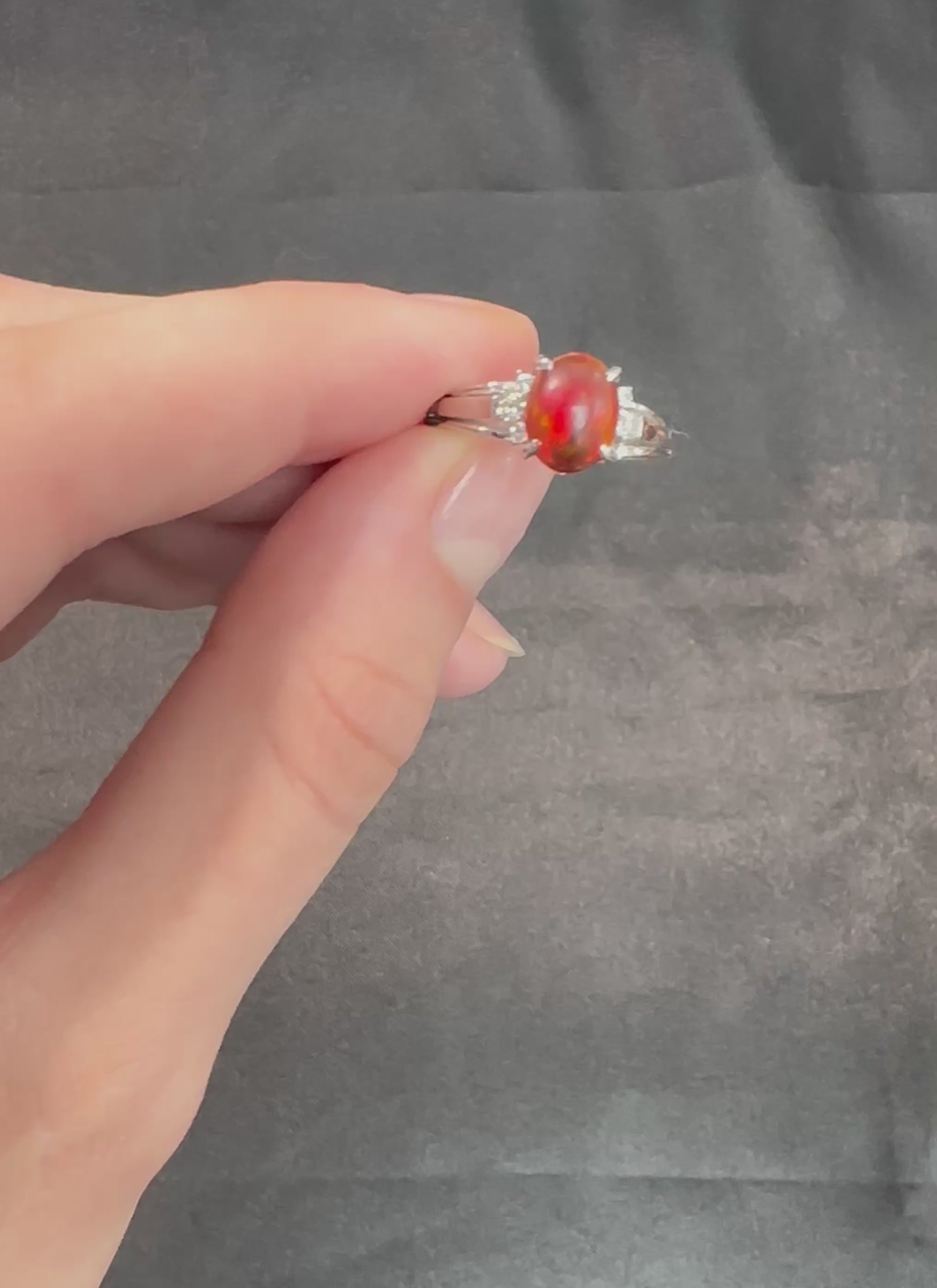 Vintage 1.05ct Natural Fire Opal 0.12ct Diamond Platinum Ring Size 6.25