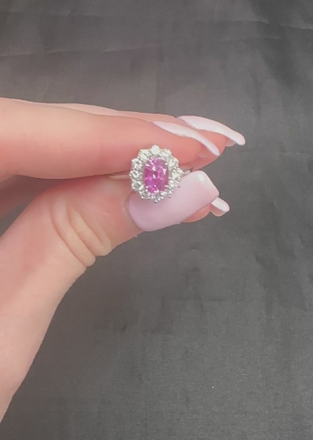 Fine 1.60ct Vivid Pink Sapphire & 0.65ct Diamond Halo Platinum Ring, Size 7
