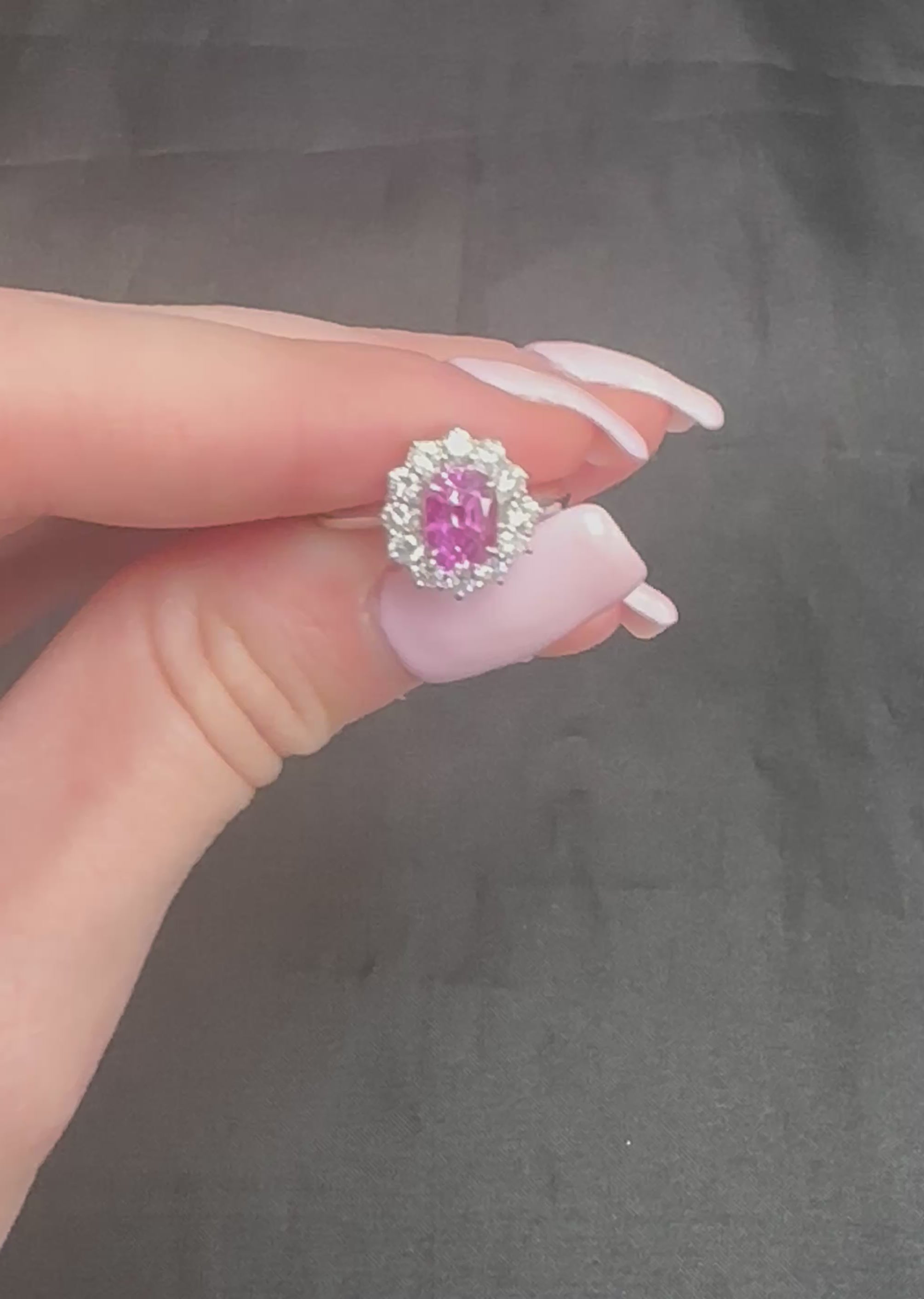 Fine 1.60ct Vivid Pink Sapphire & 0.65ct Diamond Halo Platinum Ring, Size 7