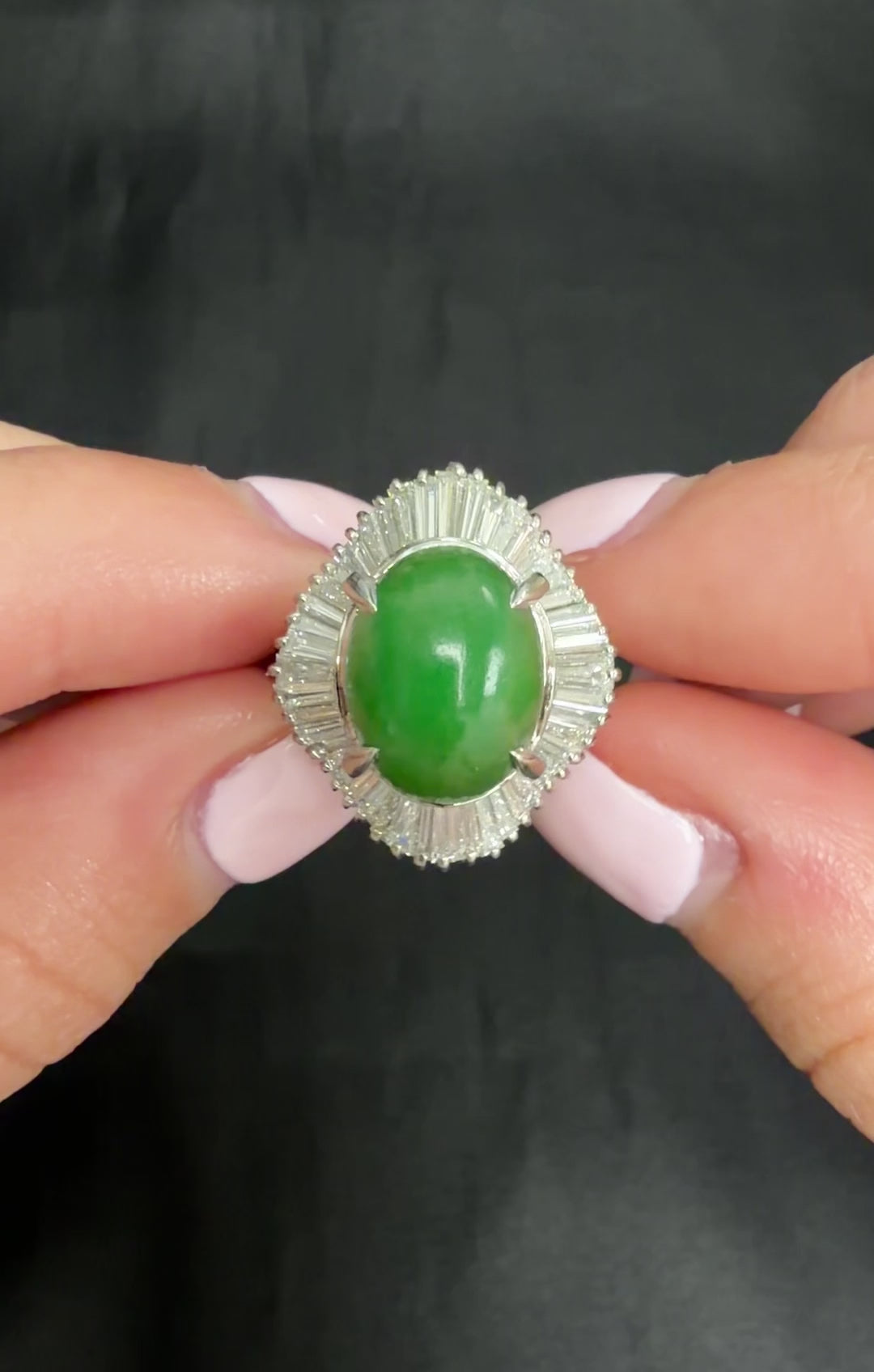 Vintage 6.92ct Natural Jadeite Jade & 1.57ct Diamond Platinum Ring, Size 7.75