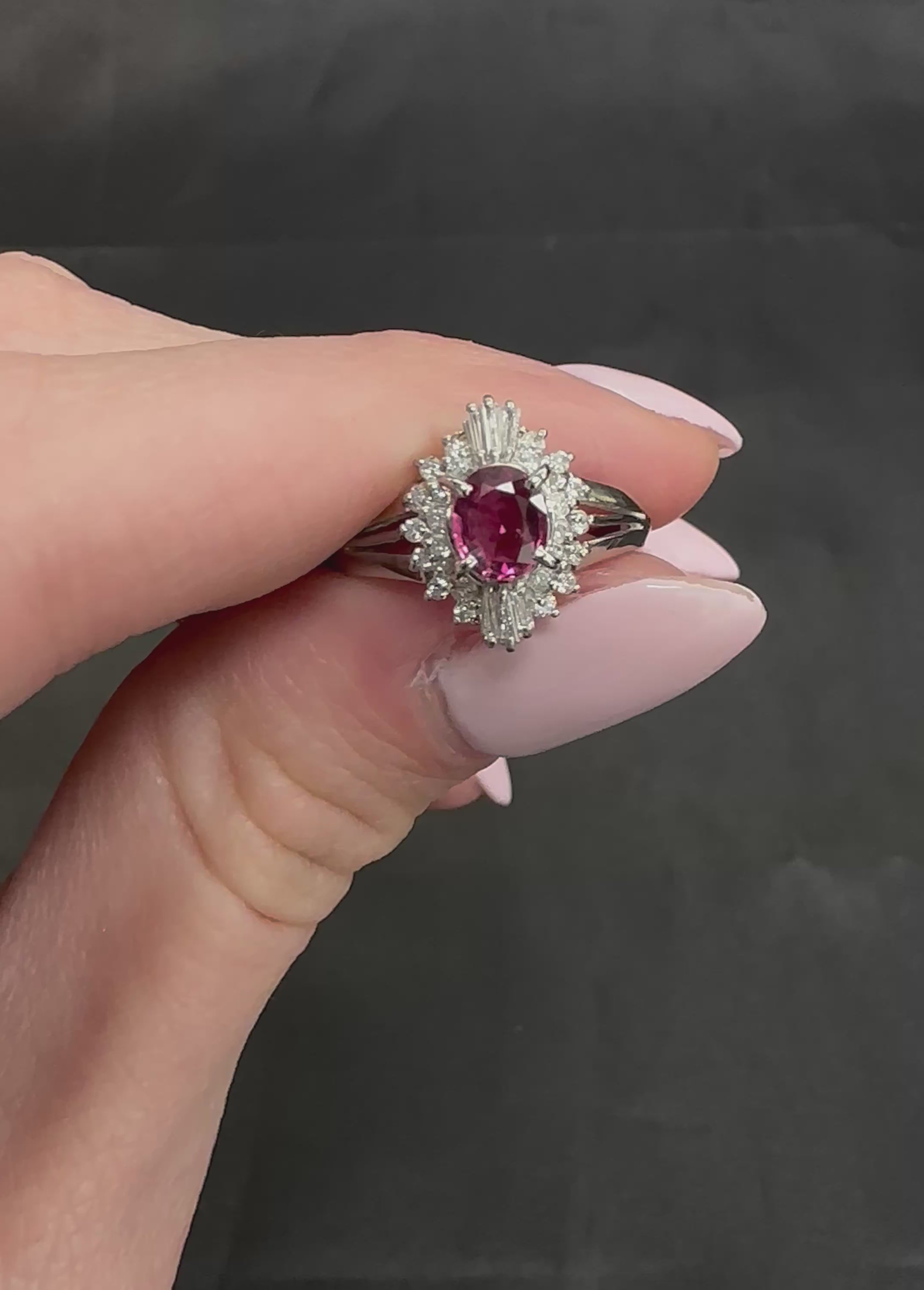 Vintage 0.75ct Ruby & 0.30ct Diamond Platinum Cocktail Cluster Ring Size 5.25