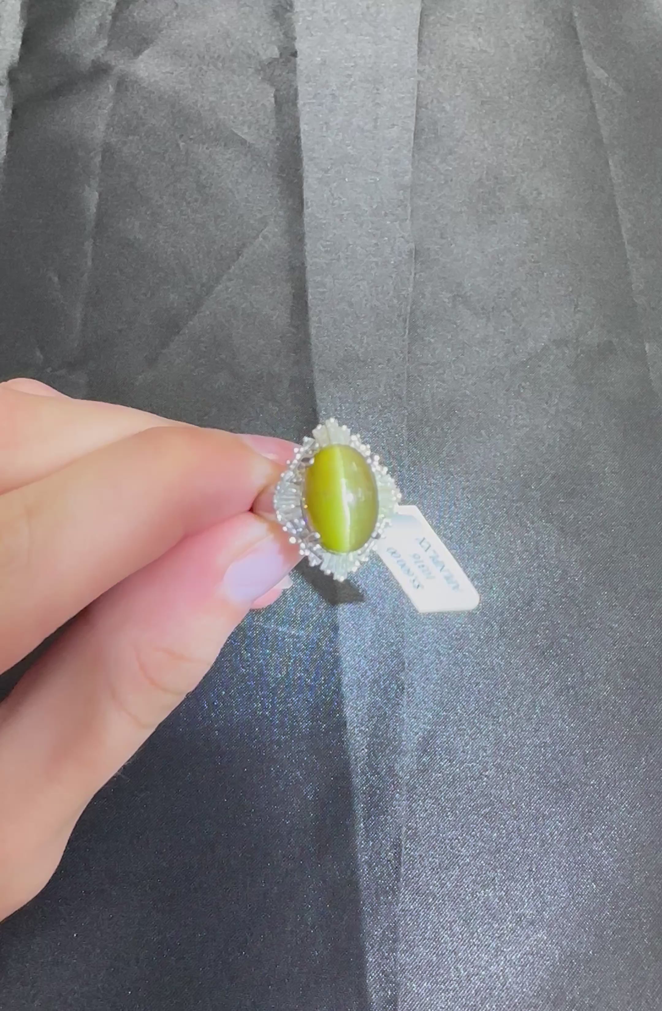 Vintage 8.54ct Cat's Eye Tourmaline  & 1.08ct Diamond Platinum Ring, Size 6