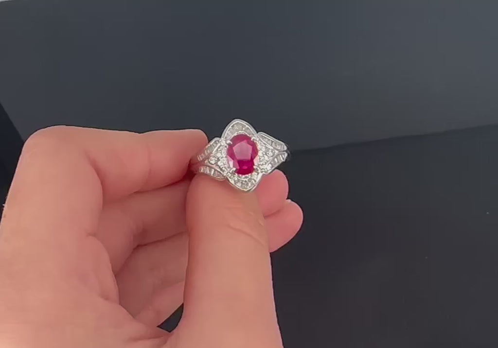 Vintage 1.17ct Vivid Red Ruby & 0.68ct Diamond Platinum Cocktail Ring Size 7