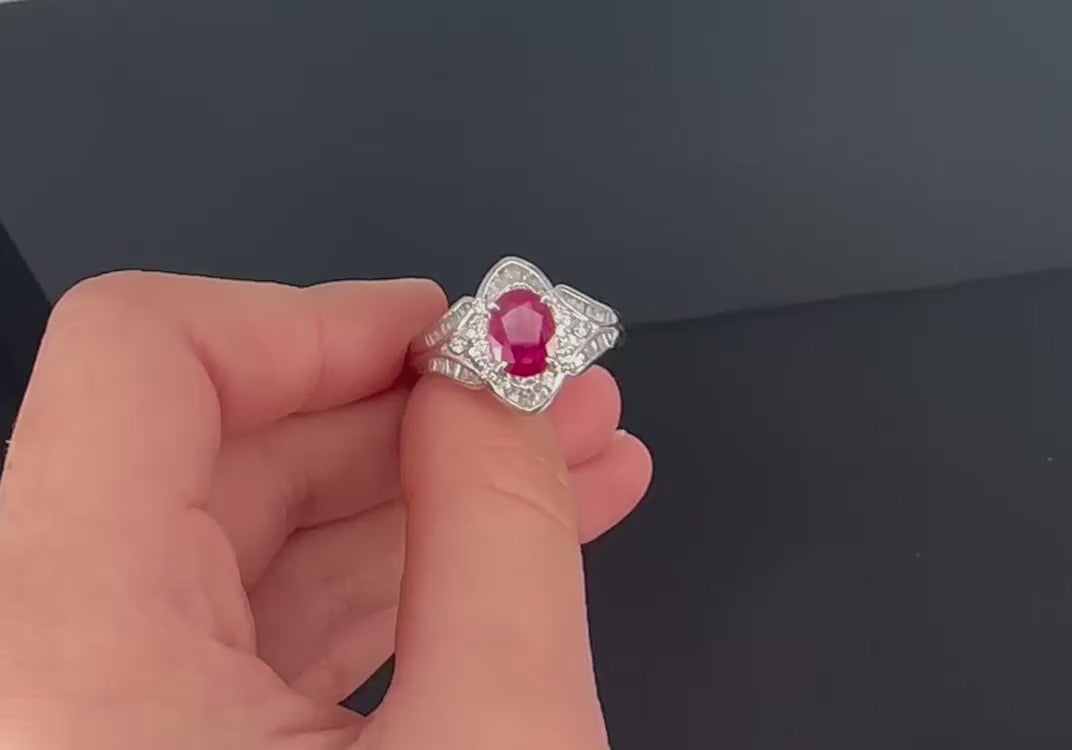 Vintage 1.17ct Vivid Red Ruby & 0.68ct Diamond Platinum Cocktail Ring Size 7