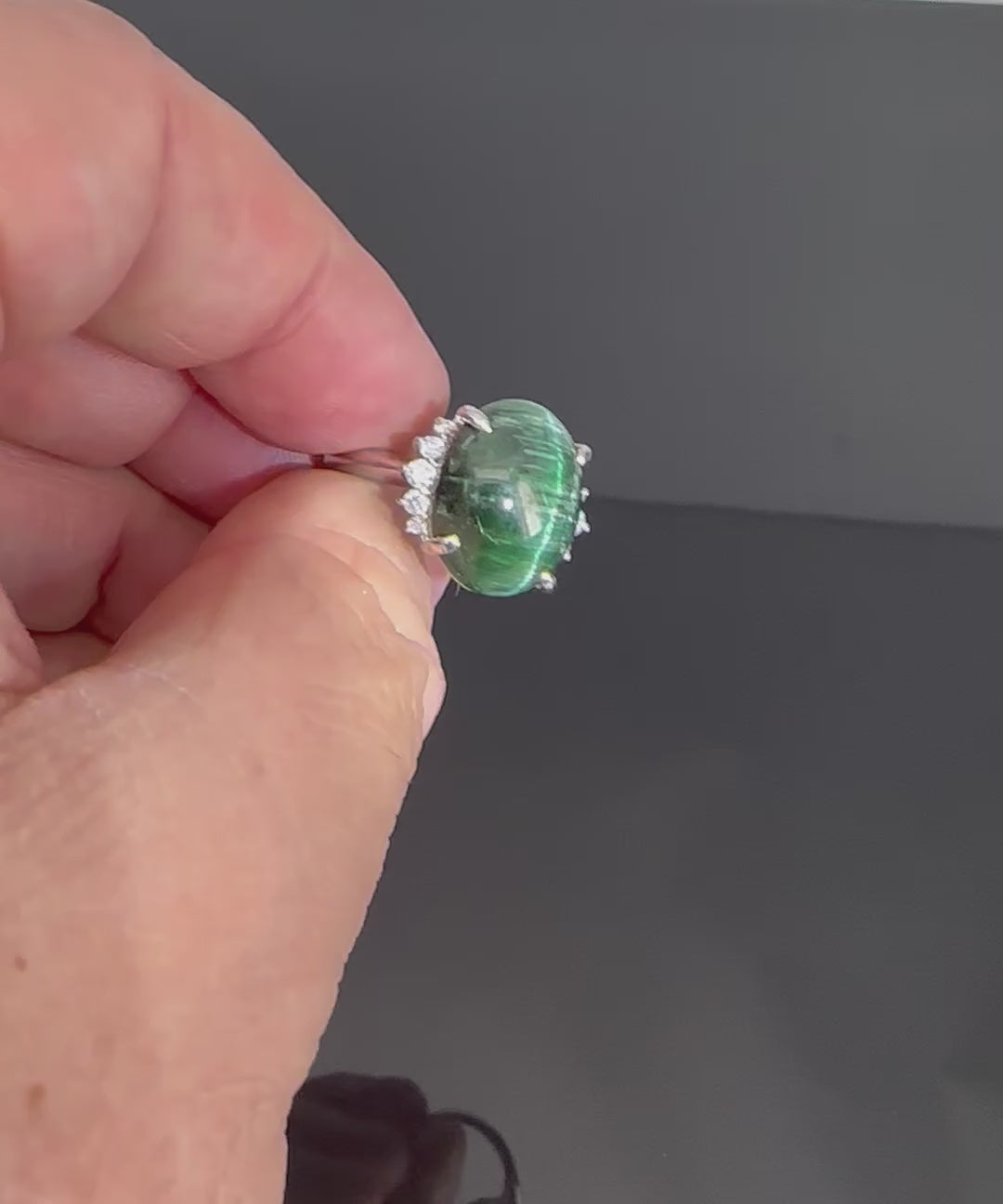 8.05ct Natural Cat's Eye Green Tourmaline 0.26ct Diamond Platinum Ring Size 6.75