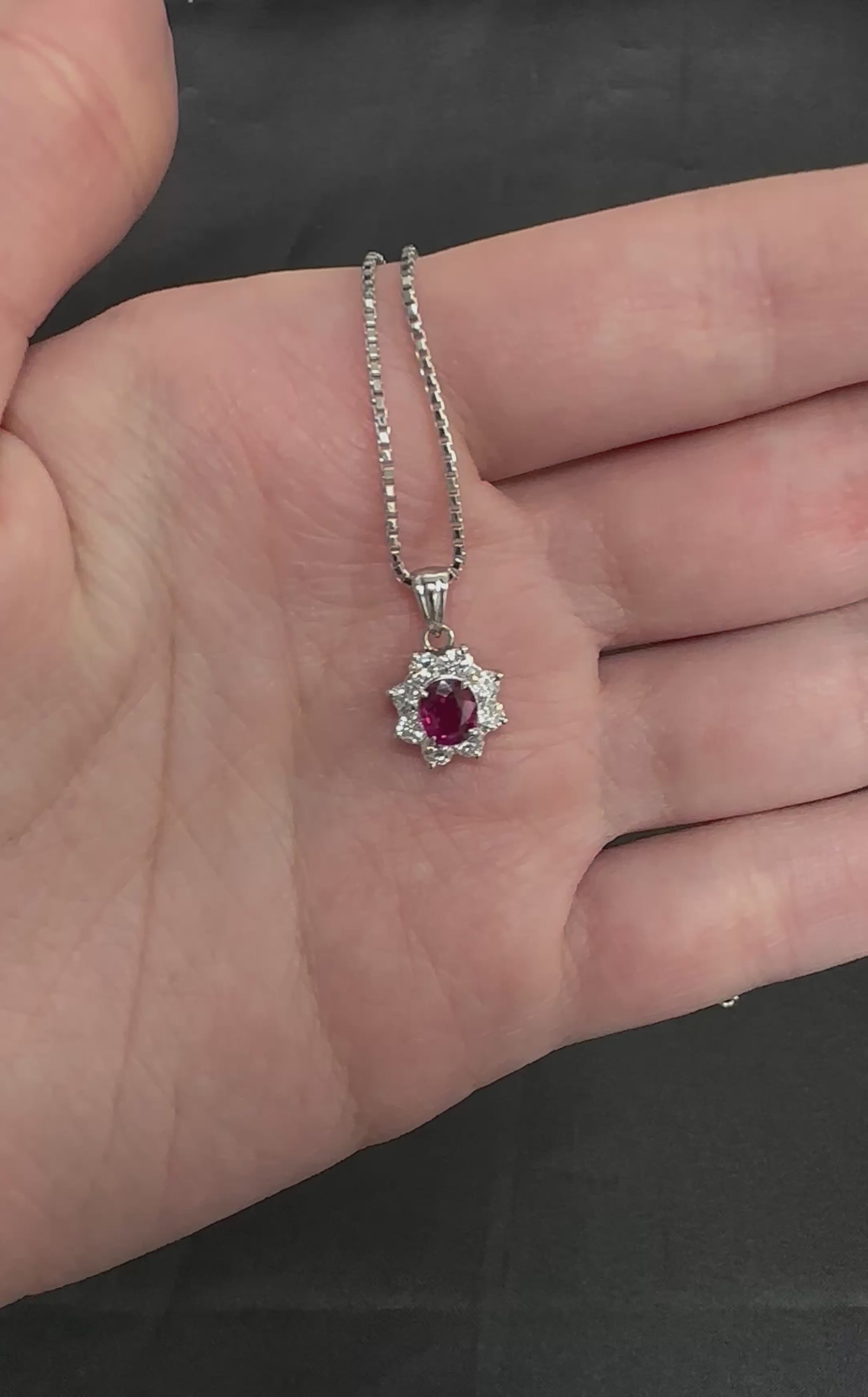 Fine 0.61ct Intense Red Ruby 0.55ct Diamond 16 Inch Platinum Halo Necklace 6.32g