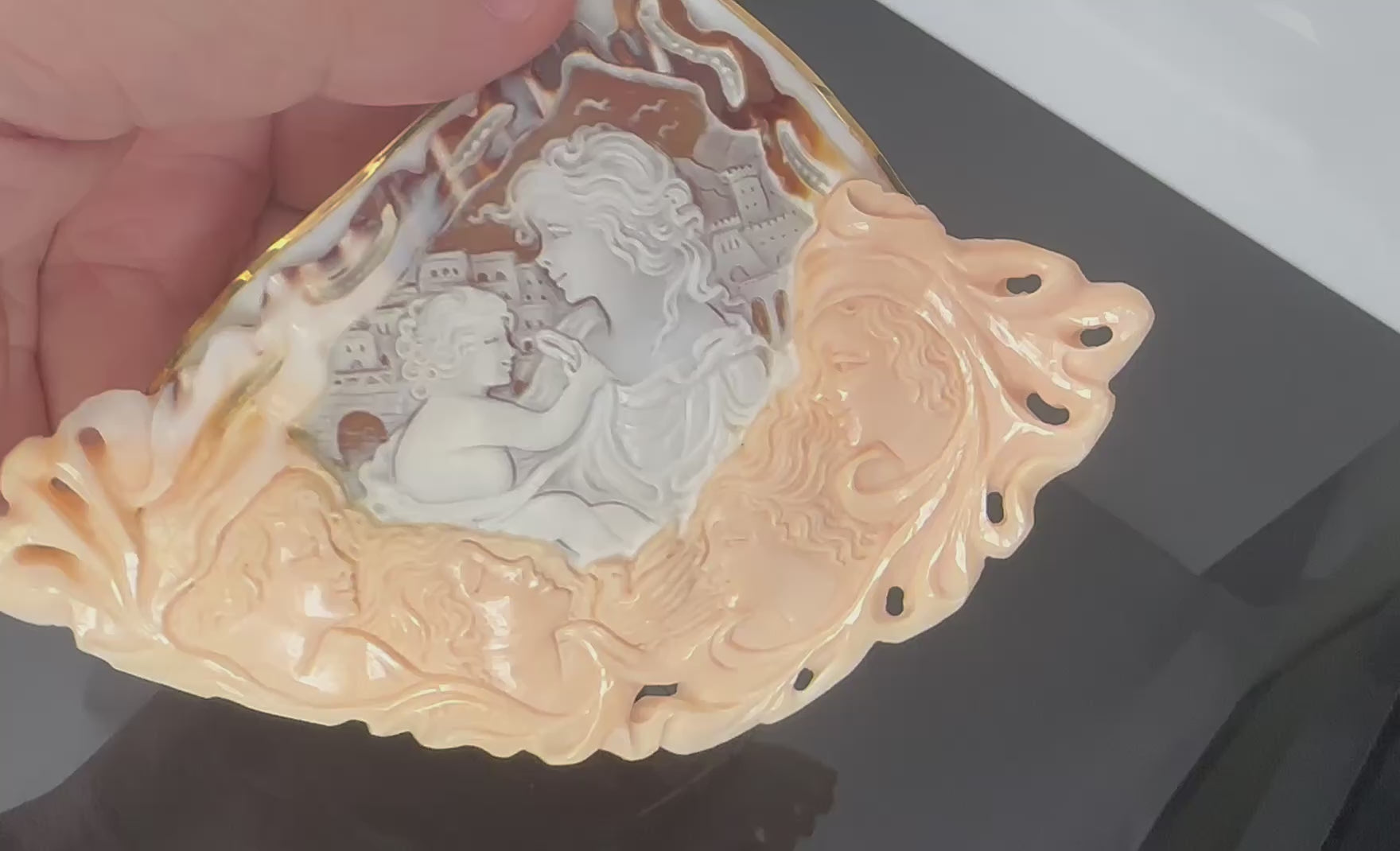 Gigantic Masterpiece 4x5.5 Inch Shell Cameo 18K Yellow Gold Pendant Brooch 110g