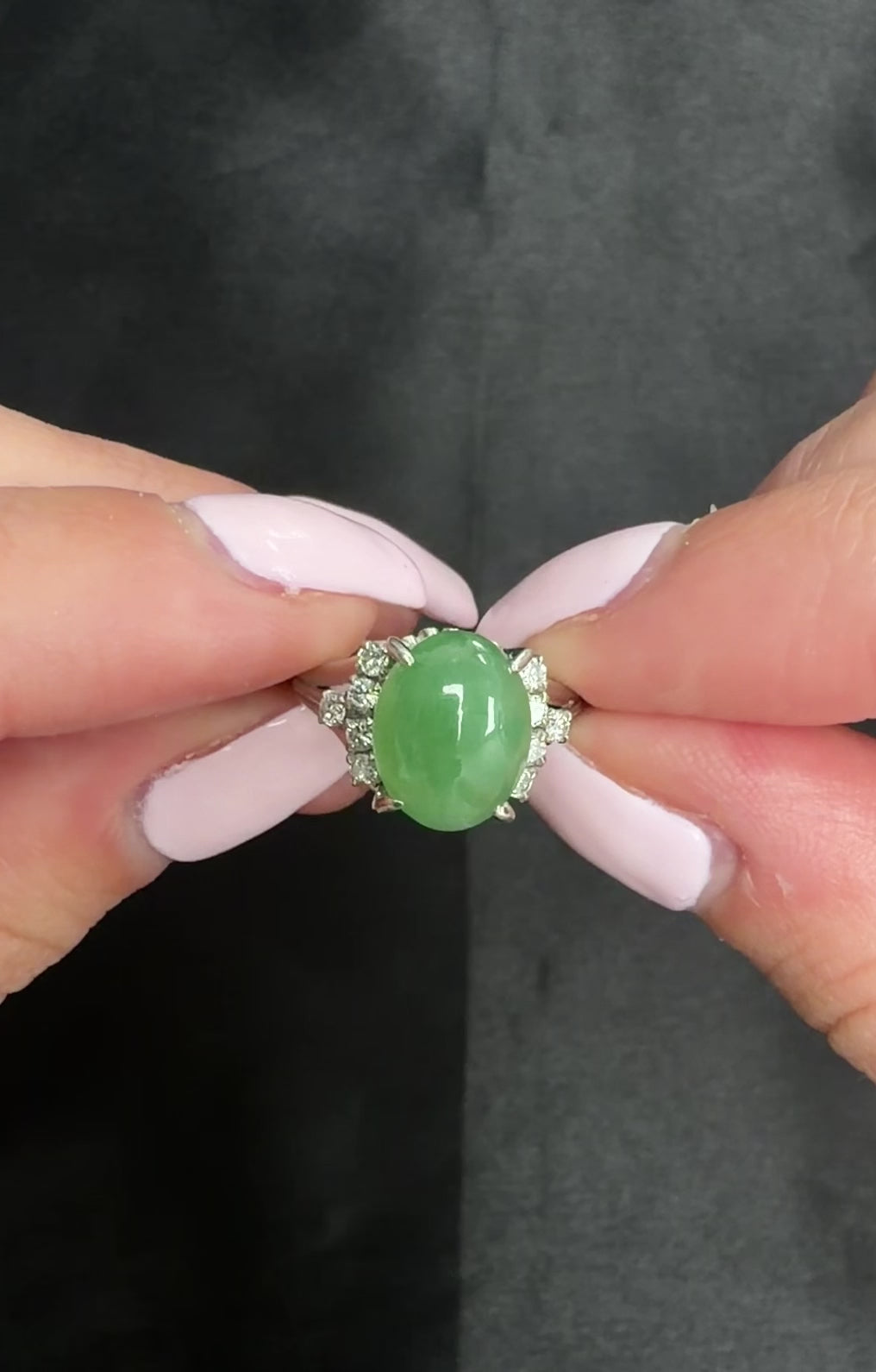 Fine 2.45ct Natural Jadeite Jade & 0.24ct Diamond Platinum Ring, Size 6