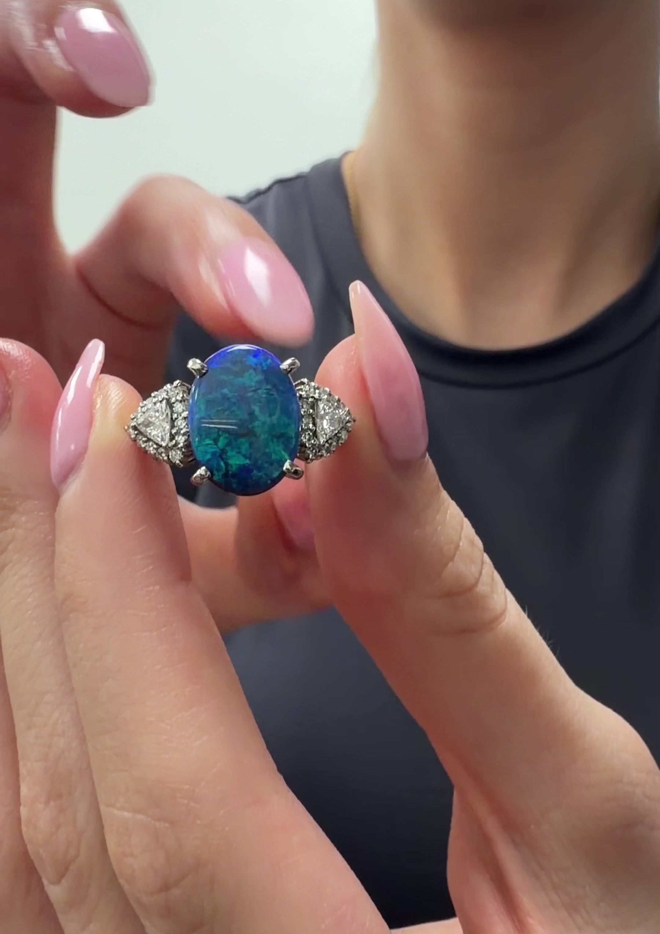 Fine 4.88ct Natural Untreated Black Opal & 0.53ct Diamond Platinum Ring, Size 6