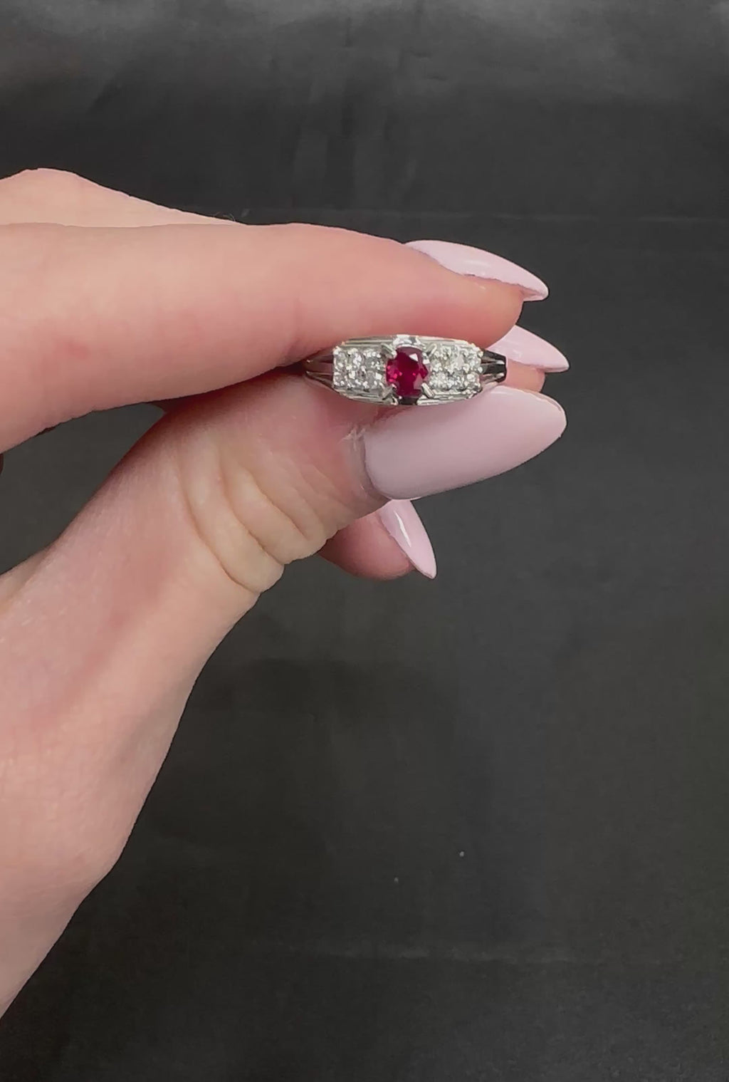 Vintage 0.40ct Vivid Red Ruby & 0.12ct Diamond Platinum Ring Size 6.75. 3.93g