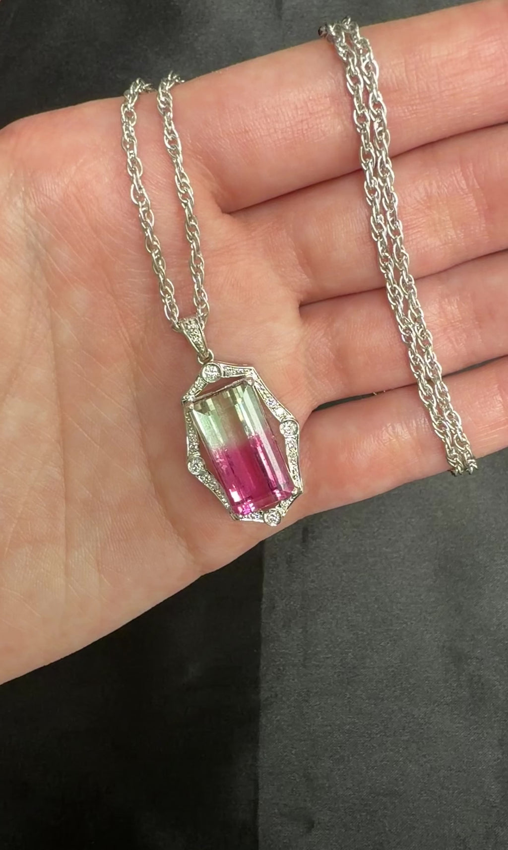Fine 12.23ct Natural Watermelon Tourmaline & 0.24ct Diamond Platinum Necklace