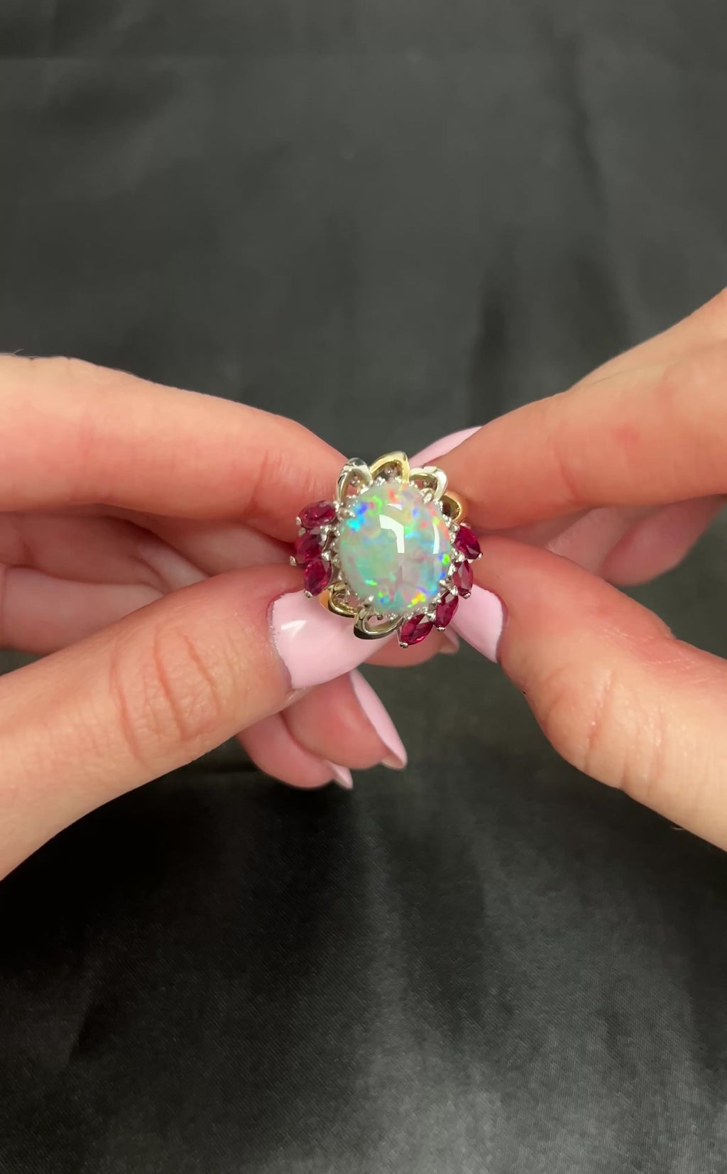 4.08ct Black Opal 2.08ct Ruby 0.46ct Diamond Platinum & 18K Gold Ring Size 6.75