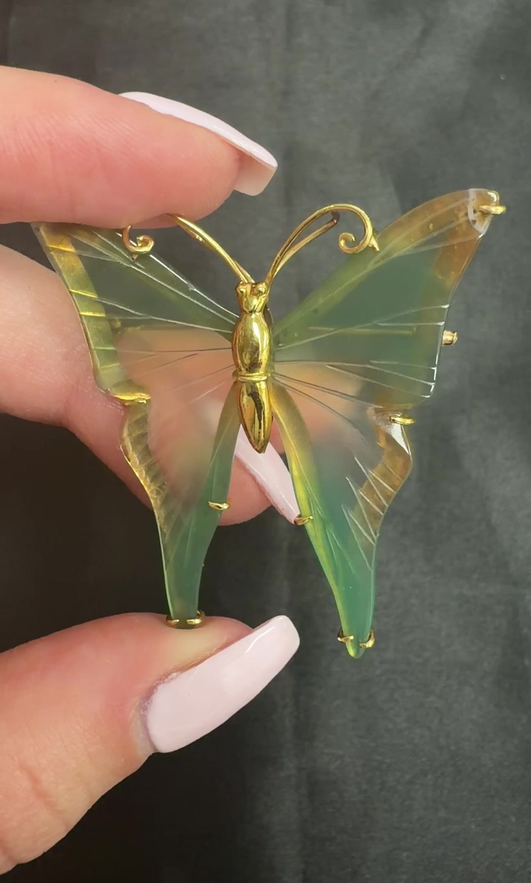 Vintage Natural Quartz & 18K Yellow Gold Butterfly Shape Brooch