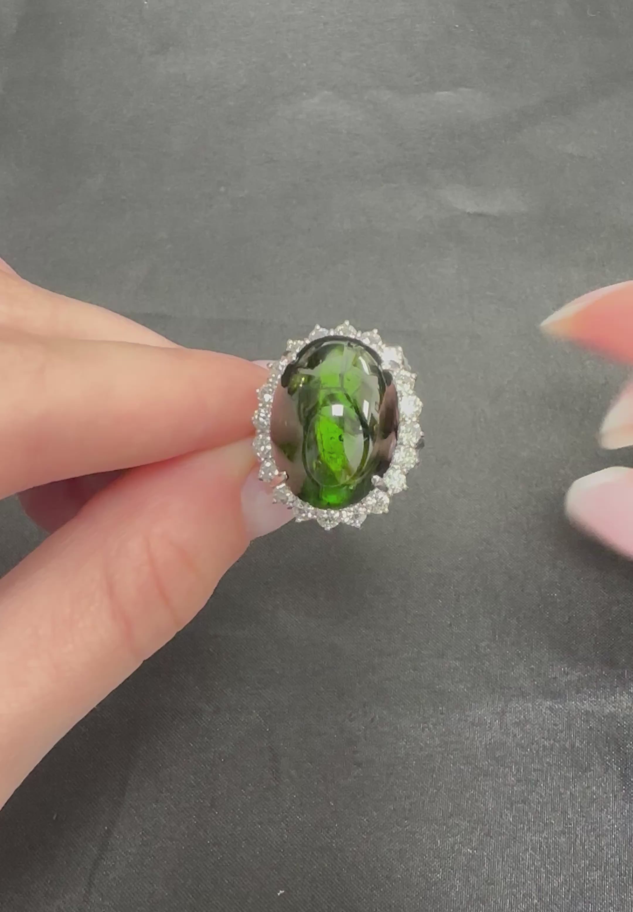 Massive 26.18ct Green Tourmaline 1.83ct Diamond 18K White Gold Ring Size 4.75