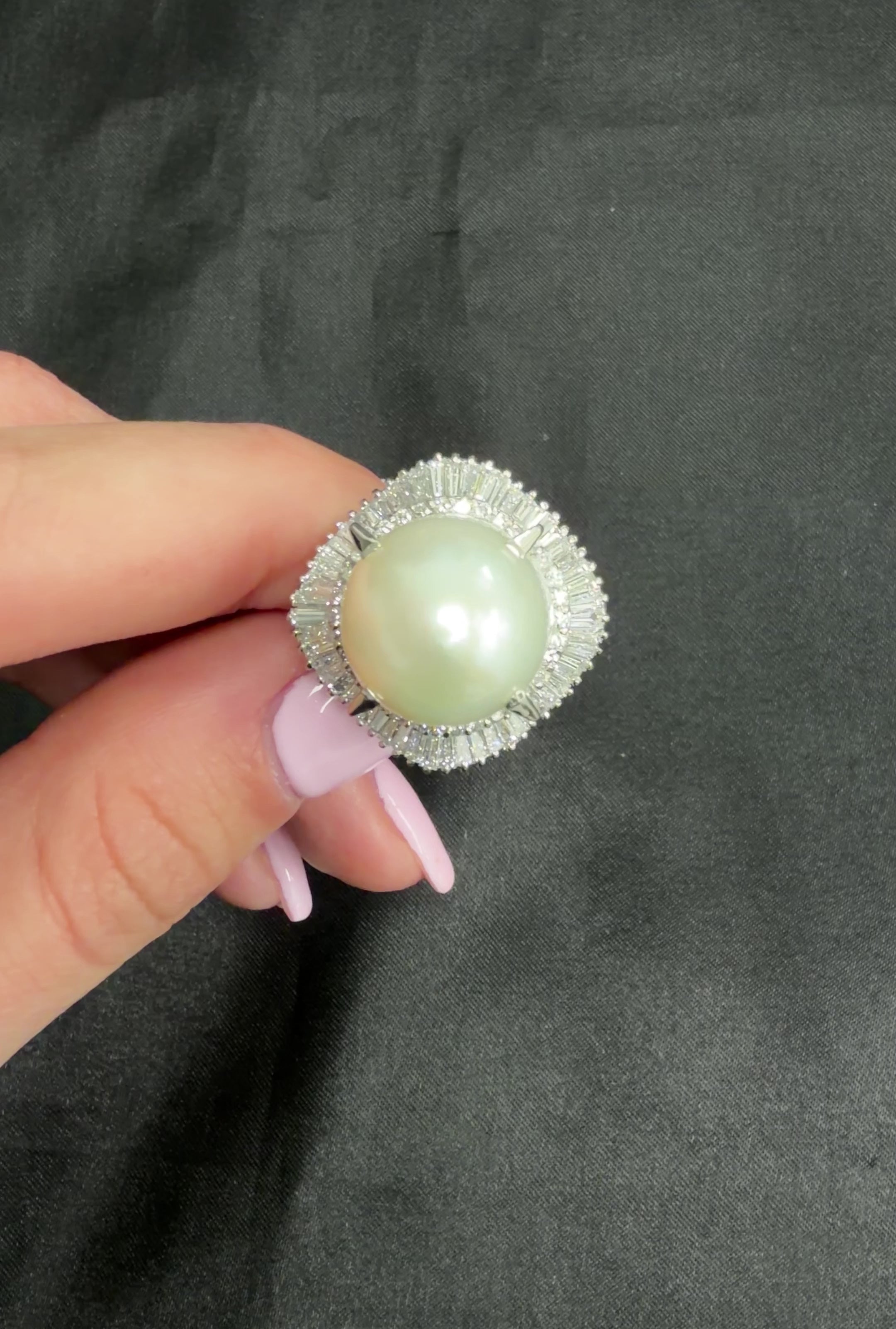 Fine 14.7mm South Seas Pearl & 1.85ct Diamond Platinum Halo Ring, 21.6g Size 8