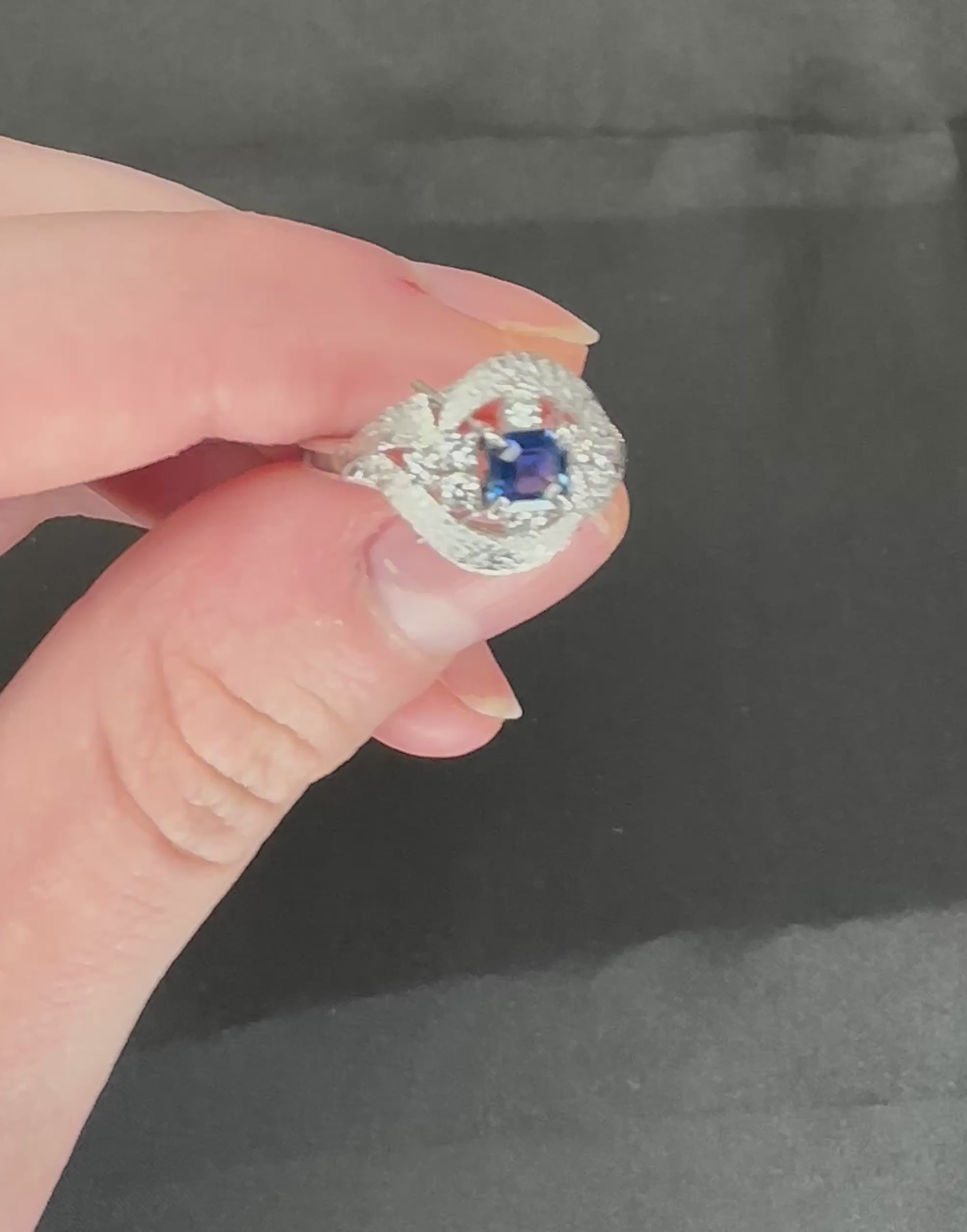 Vintage 0.41ct Square Cut Blue Sapphire 0.21ct Diamond Platinum Ring, Size 6.25