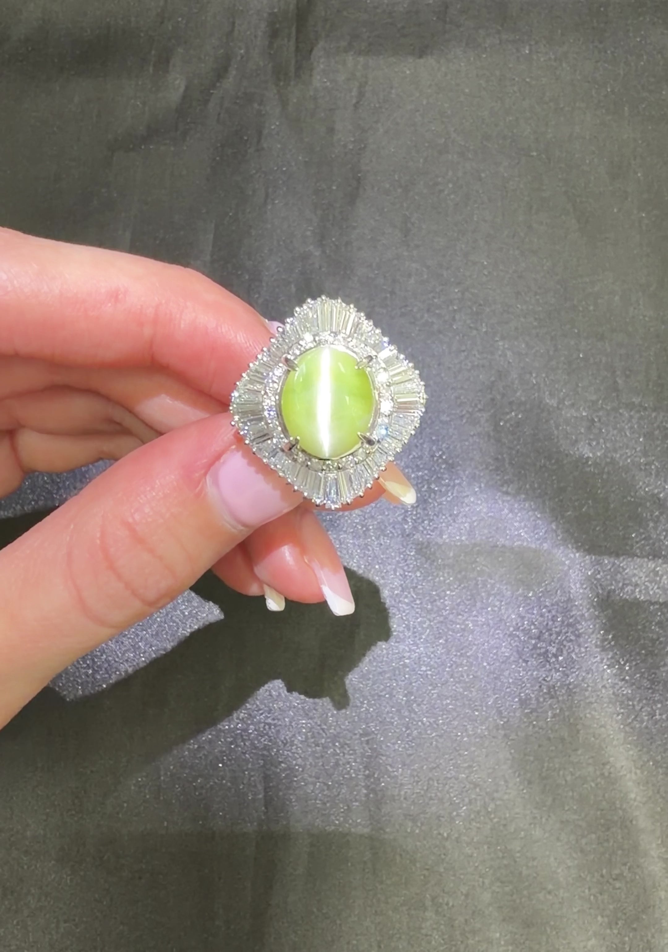 Rare 8.95ct Natural Chrysoberyl Cat's Eye 2.60ct Diamond Platinum Ring Size 6.5