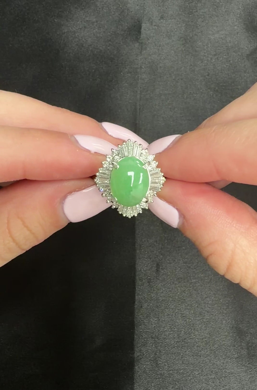 Fine 4.51ct Natural Jadeite Jade & 1.22ct Diamond Platinum Ring, Size 7