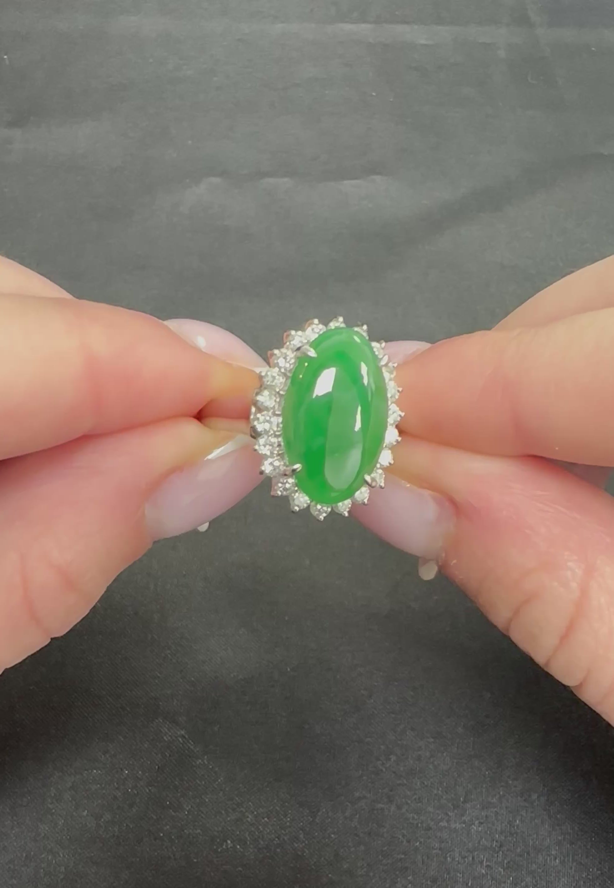 5.95ct Natural Green Jadeite Jade 0.75ct Diamond Platinum Ring Size 8.5