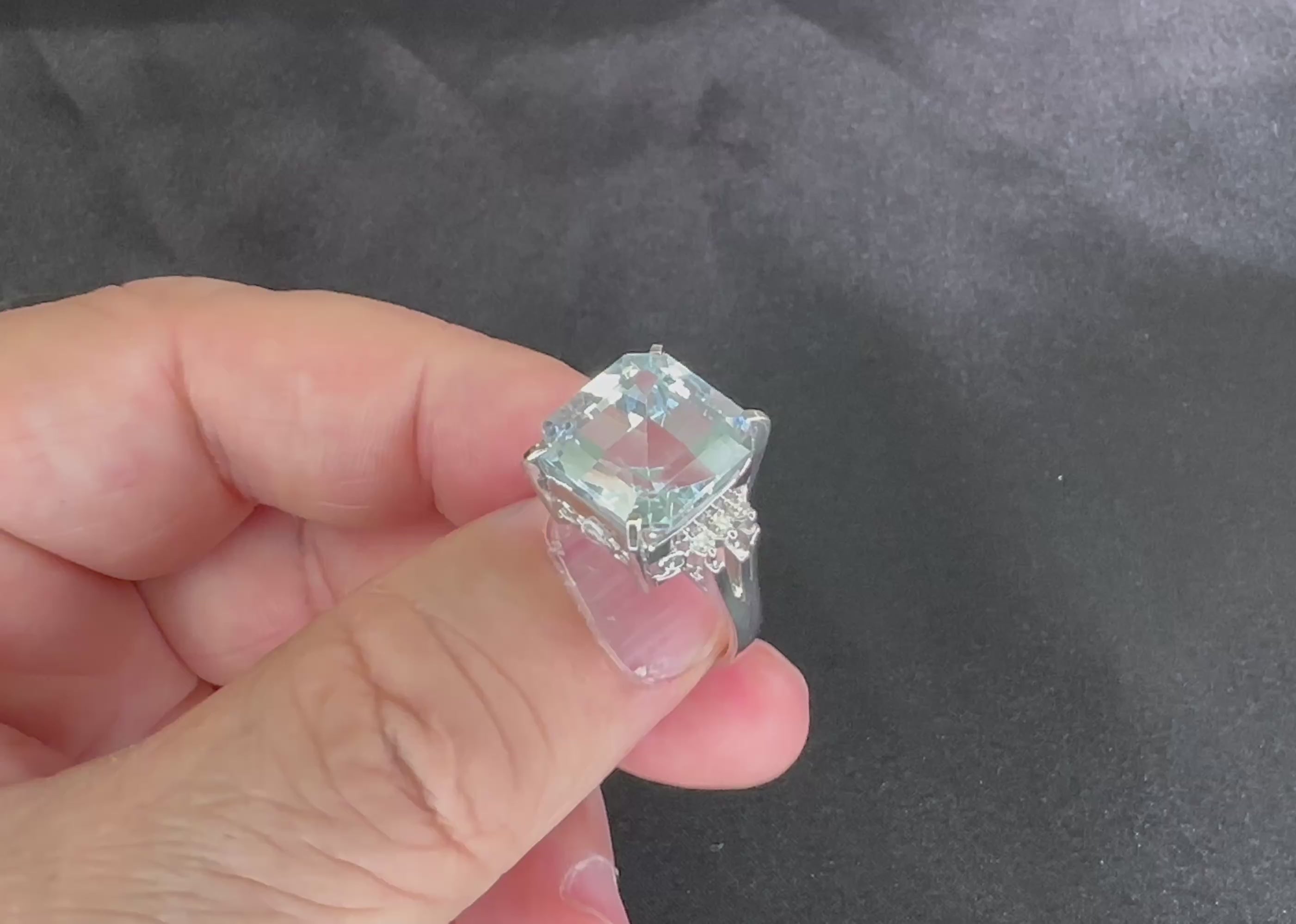 Vintage 9.20ct Asscher Cut Aquamarine & 0.10ct Diamond Platinum Ring, Size 6.5