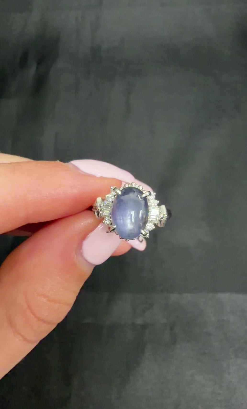 4.54ct Natural Purple Blue Star Sapphire 0.31ct Diamond Platinum Ring, Size 6.25