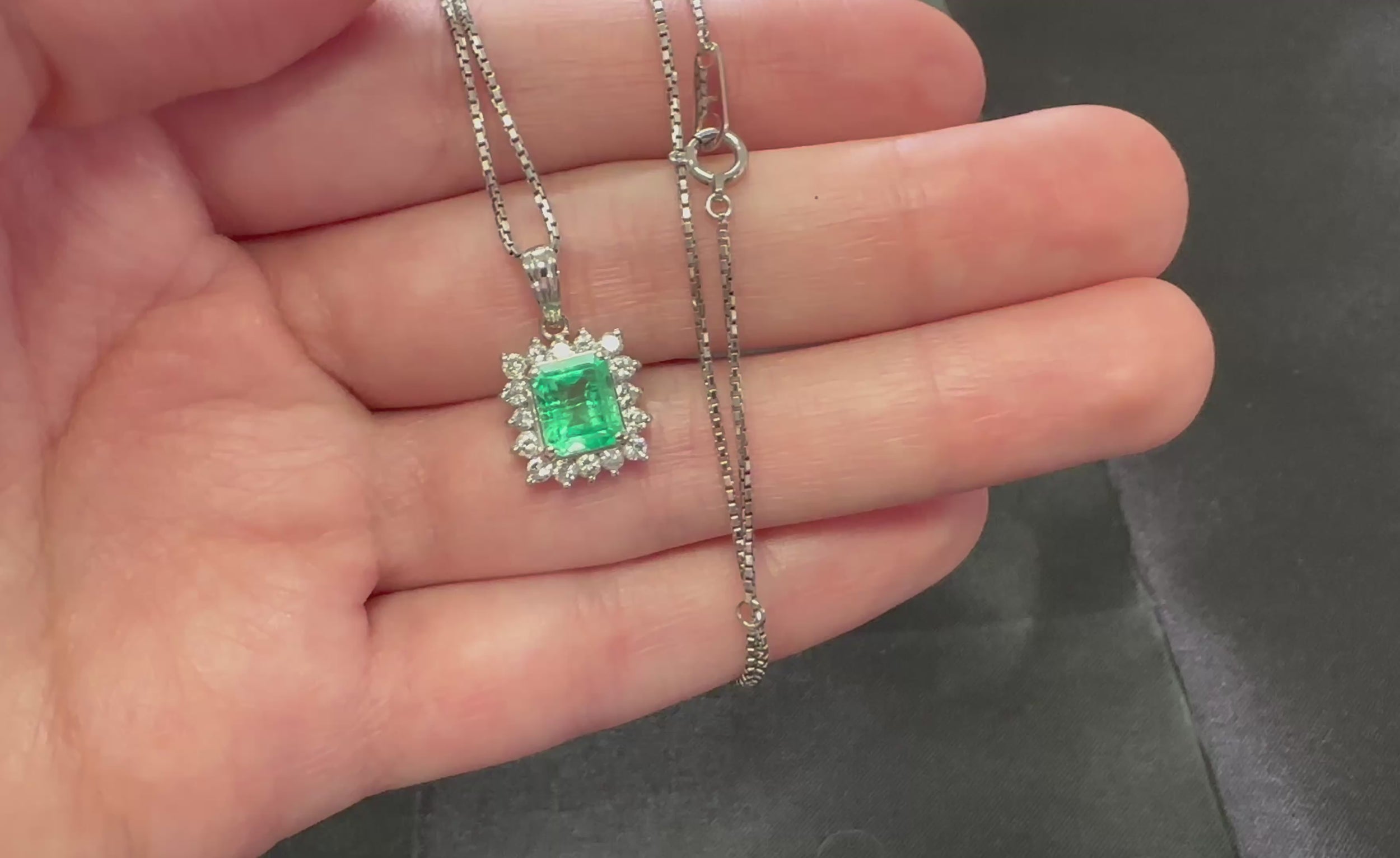 Vintage 1.44ct Colombian Emerald Cut Emerald 0.50ct Diamond Platinum Necklace