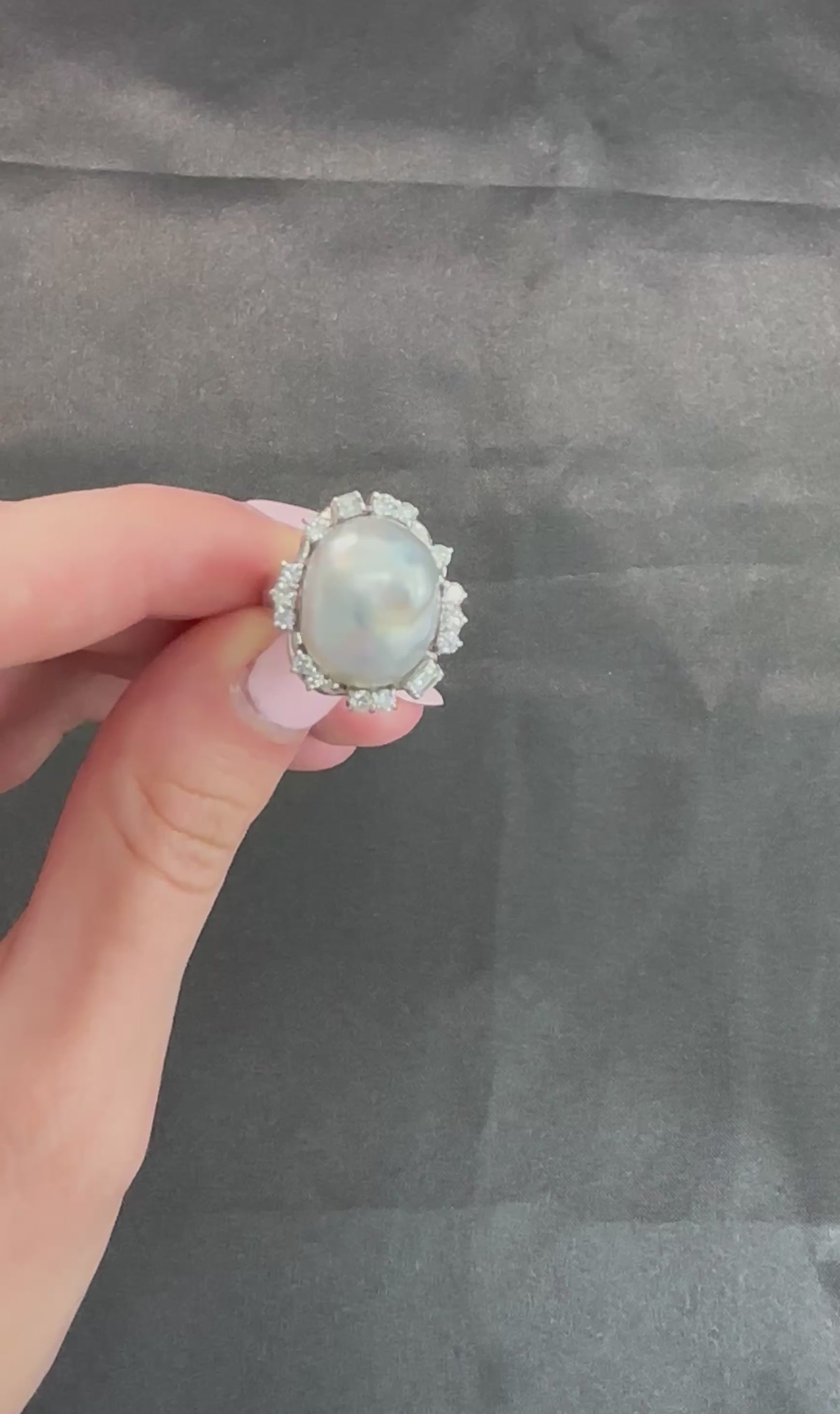 Vintage 15.7mm Baroque Pearl & 0.70ct Diamond Platinum Halo Ring, Size 6.25